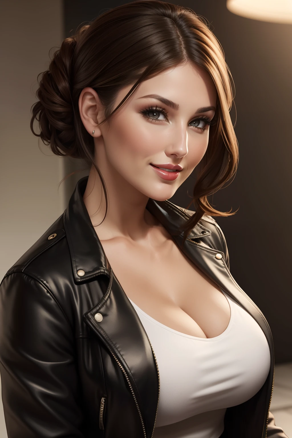 Lucy Pinder, face portrait, beautiful face, smiling, voluptuous woman, ((very intense makeup)), ((bright lipstick)), short hair, black hair, very short hair, white blouse, cleavage, black trench coat, pants formal mustard