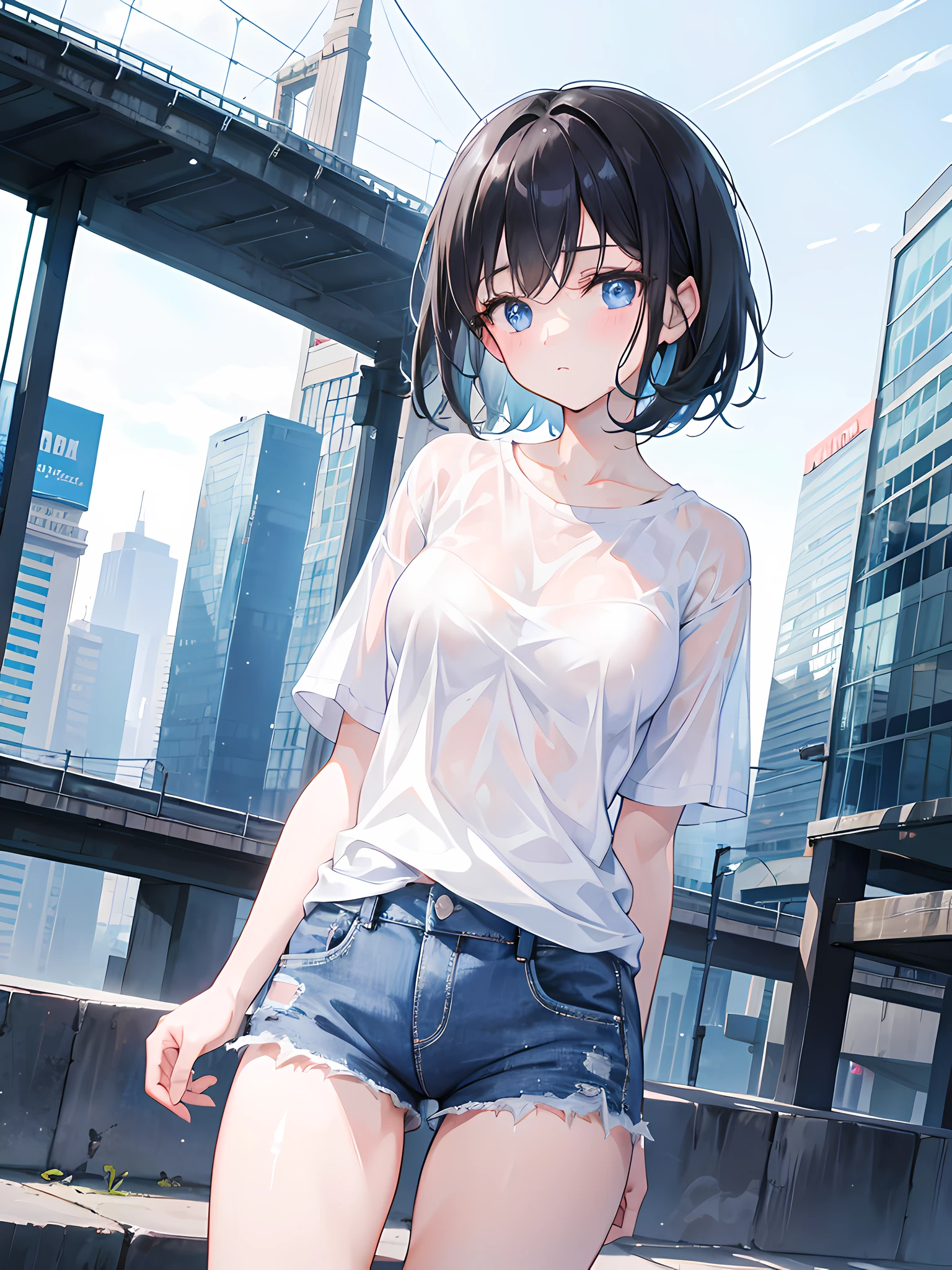 1girl, short black hair, blue eyes, wearing plain white shirt, denim shorts, city, absurdres, high res, ultrasharp, 8K, masterpiece, looking at viewer