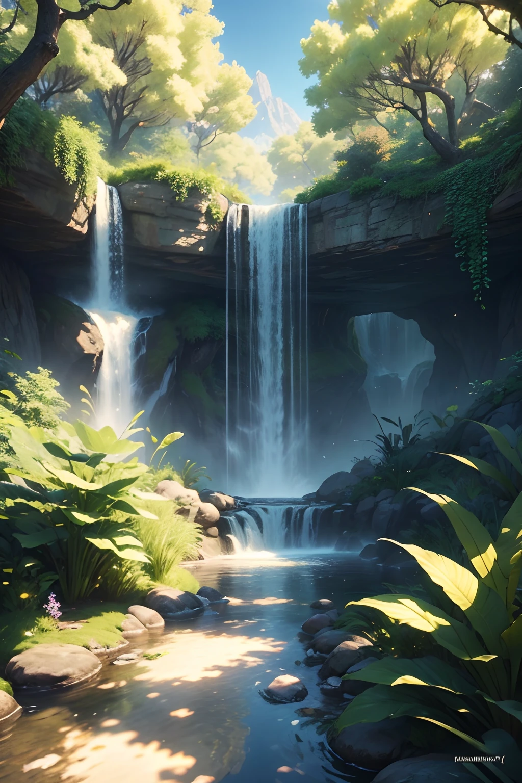 Masterpiece, Best quality, (Very detailed CG unity 8K wallpaper) (Best quality), (Best Illustration), (Best shadows) Vibrant colors, jungles, water, Natural beauty, An oasis of tranquility , cherry tree, Blue sky ray tracing, ultra - detailed