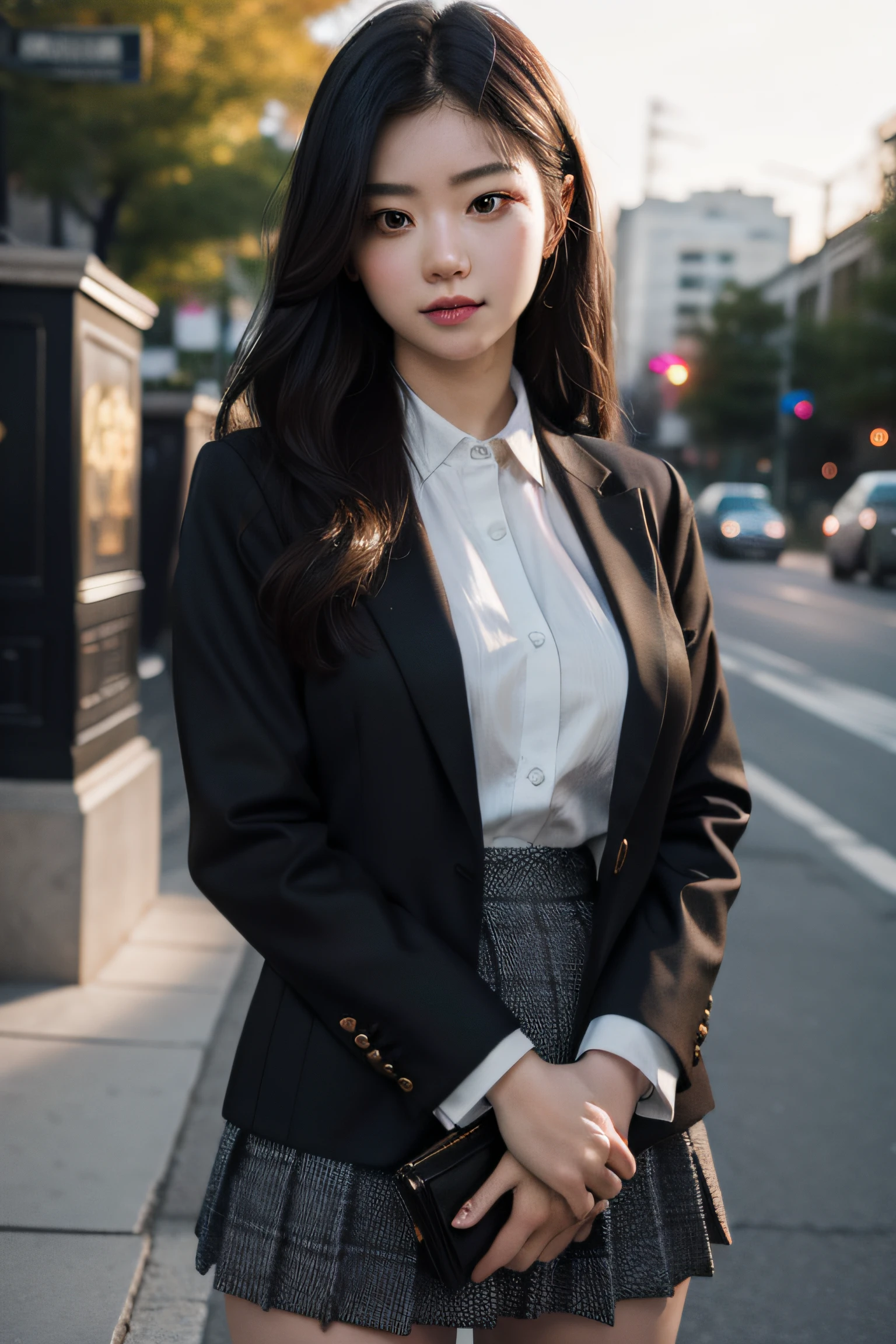 best quality, masterpiece, 1girl, Beautiful face, (photo realistic:1.3), rim lighting, (high detailed skin:1.2), 8k uhd, dslr, high quality, high resolution, 4k, 8k, Bokeh, absurdres, best ratio four finger and one thumb, (realistic:1.3), ulzzang, cute kawaii 1girl, wearing black formal blazer, medium breasts, short skirt,