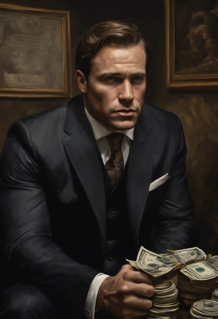 ANDREW TATE fighting against money, oil painting, harsh brushstrokes, dramatic lighting, intense expression, determined eyes, clenched fists, sweat dripping down his face, wrinkled suit, broken chains, crumbling dollar bills, crumbling stock market graph, smoke rising in the background, black and white with a touch of gold, realism. (best quality, highres, ultra-detailed), (realistic:1.37), professional, vivid colors.