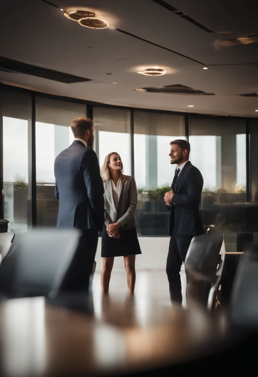 Two men and two women talking to each other in a meeting room at a corporate company.