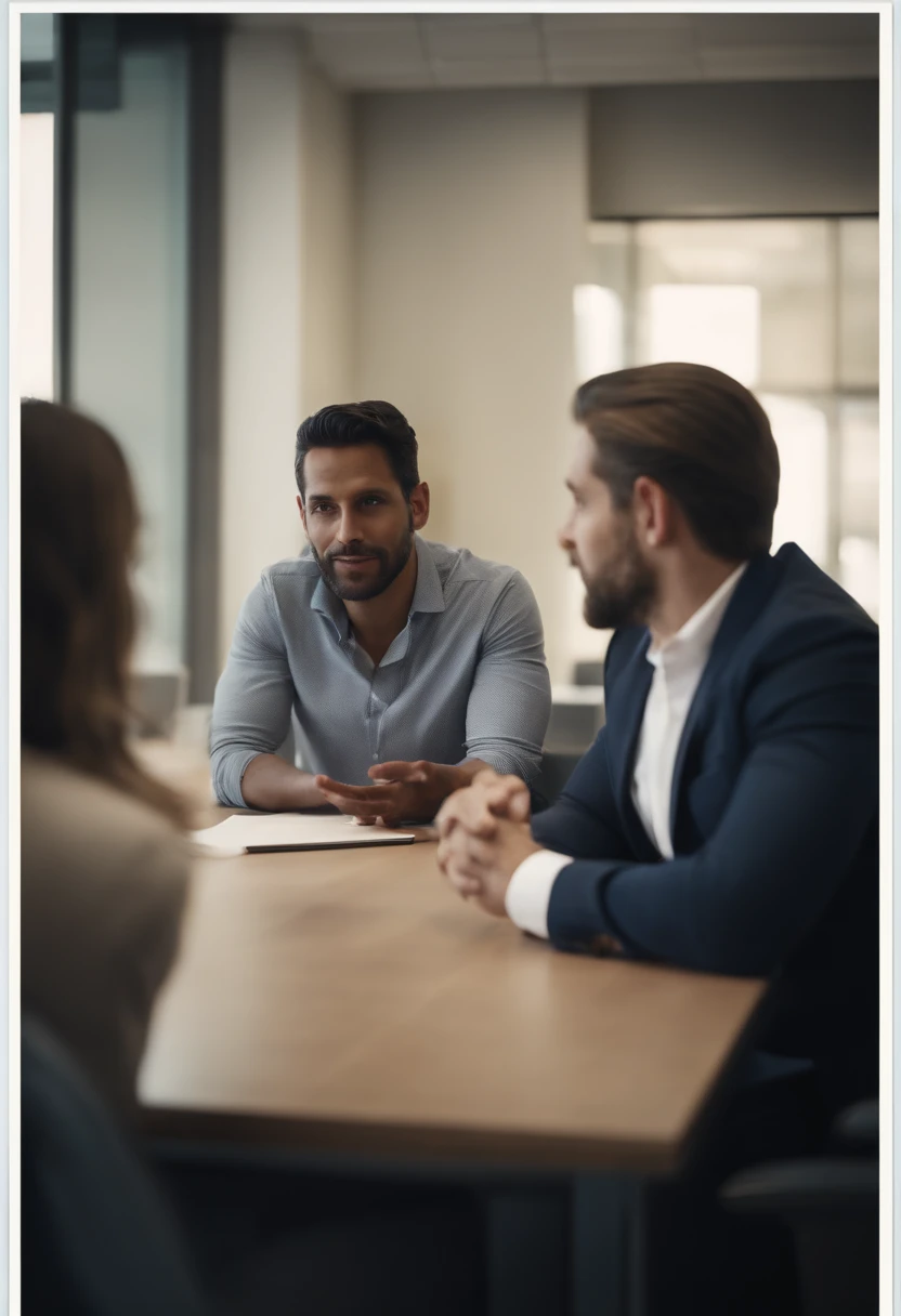 Two men and two women talking to each other in a meeting room at a corporate company.
