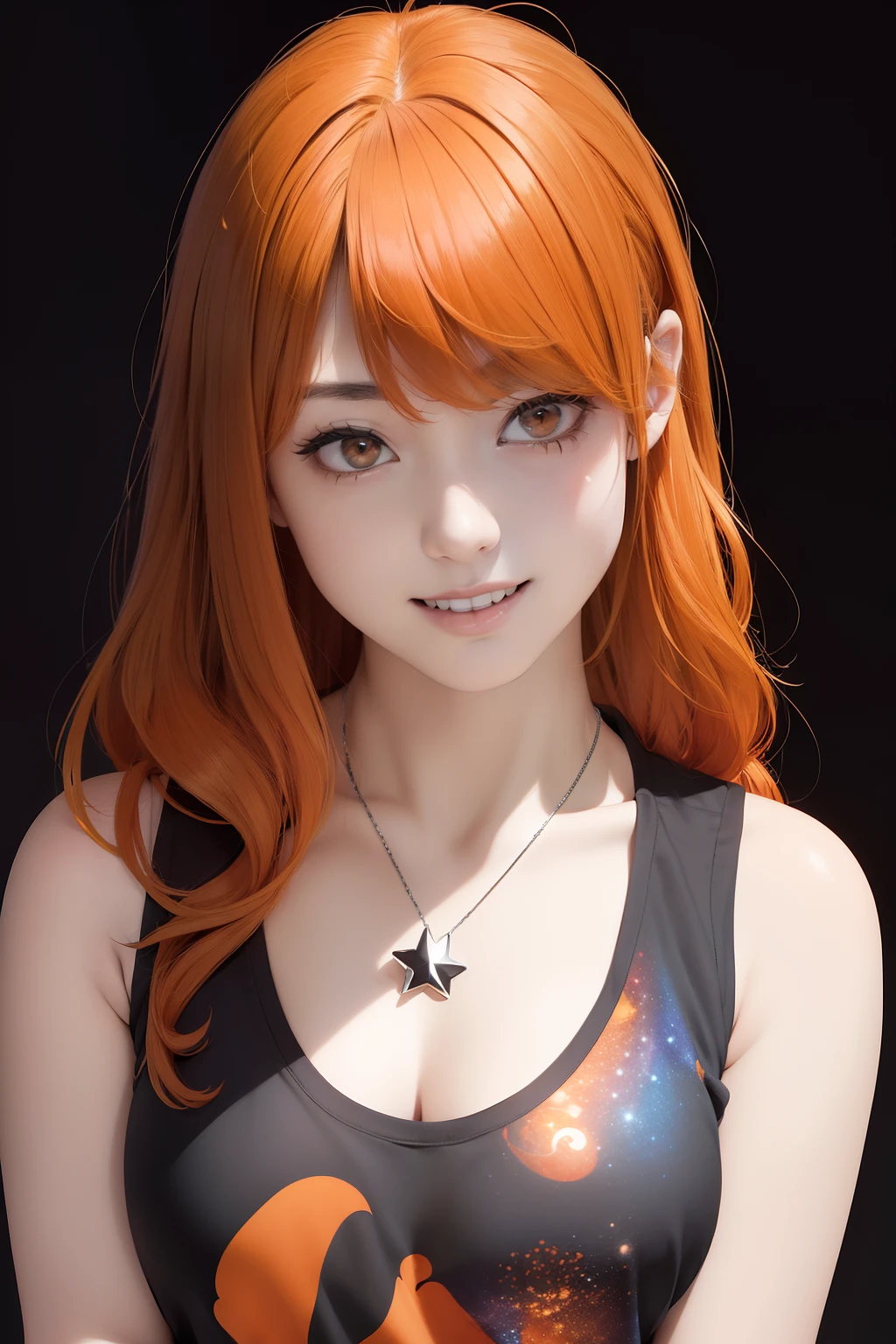 Images that fit the entire upper body、(((Black background)))、an oil painting、masterpiece、top-quality、hight resolution、(((Orange Medium Hair)))、(((Orange semi-long hair)))、bustshot、Have cleavage、Loose and fluffy perm、(((rotTThe shirt)))、(((Sleeveless red shirt)))、(((Open neck shirt)))、I'm having a good laugh、Laughing with open mouth、(((Galaxy print on shirt)))、(((On the chest of the clothes is depicted the universe)))、Star-shaped necklace、I have a necklace in the shape of a star、Arms crossed in front of the chest