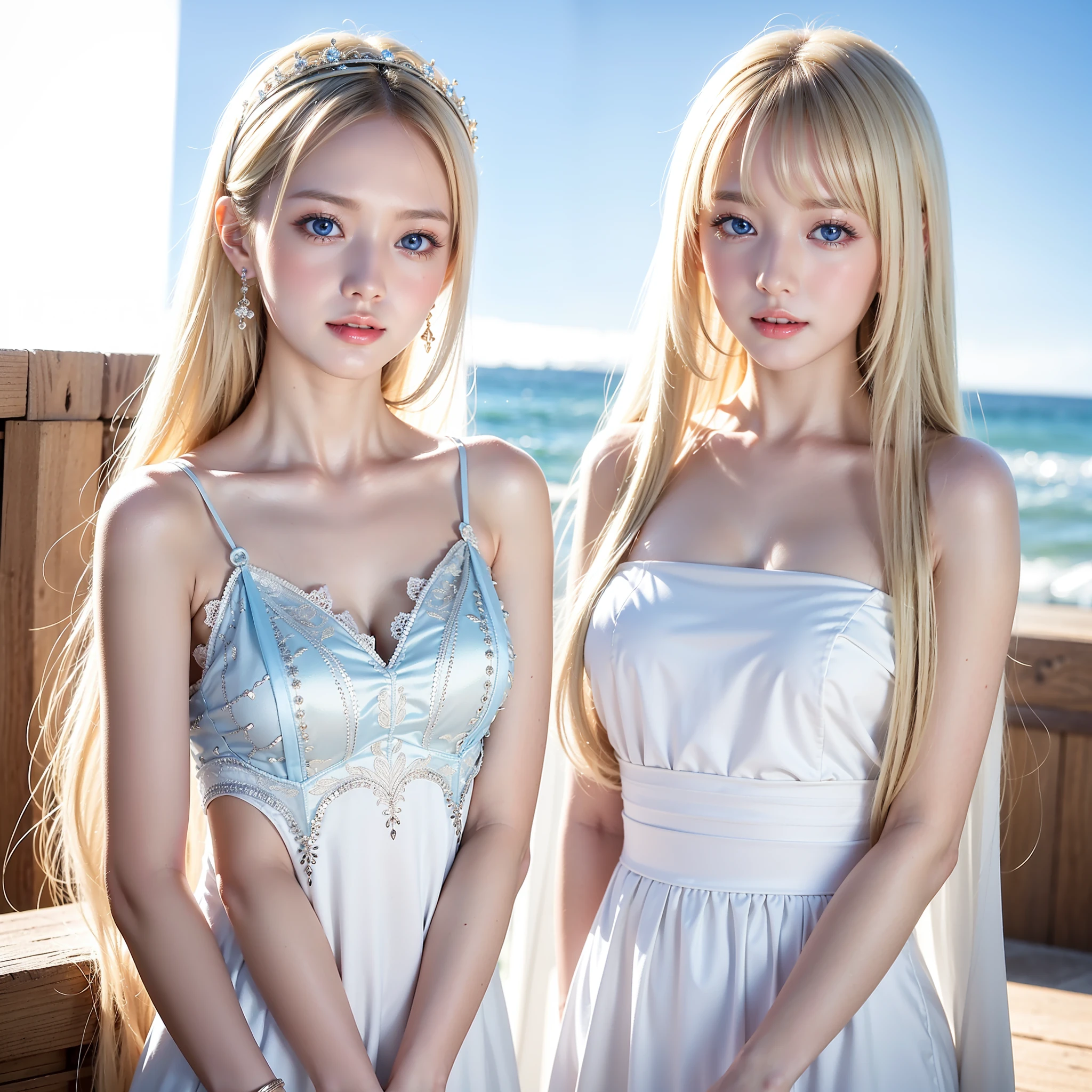 Beautiful beach at sunset、Good looks like a model、20-year-old European Caucasian beauty、Four Angels、Silver-haired beauties and blonde beauties、、Perfect slim style、Perfect good looks、highleg bikini、maikurobikini、Sheer white clothes with a lot of exposure、Sheer White Shawl