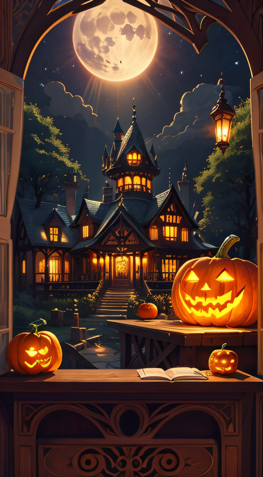 Magic Pumpkin Manor,In a mysterious pumpkin estate,There are pumpkins、magia、rays of moonlight、Magic books and smiles,An old wooden camera,It is equipped with a ceramic lens,At midnight,Capture a fairytale photo
