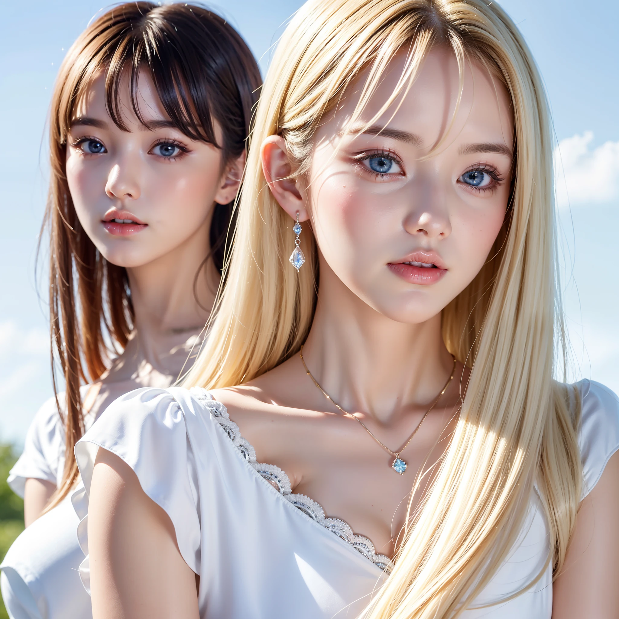 Beautiful shiny white glowing skin, 3 up, Extraordinary beauty that cannot be compared, Bright and refreshing gentle expression, Perfect beautiful cute face sparkling baby blonde silk super long straight hair, Beautiful shiny bangs, A very beautiful and beautiful 17-year-old girl, eyeliner, Very perfect beautiful cute big clear sky blue eyes