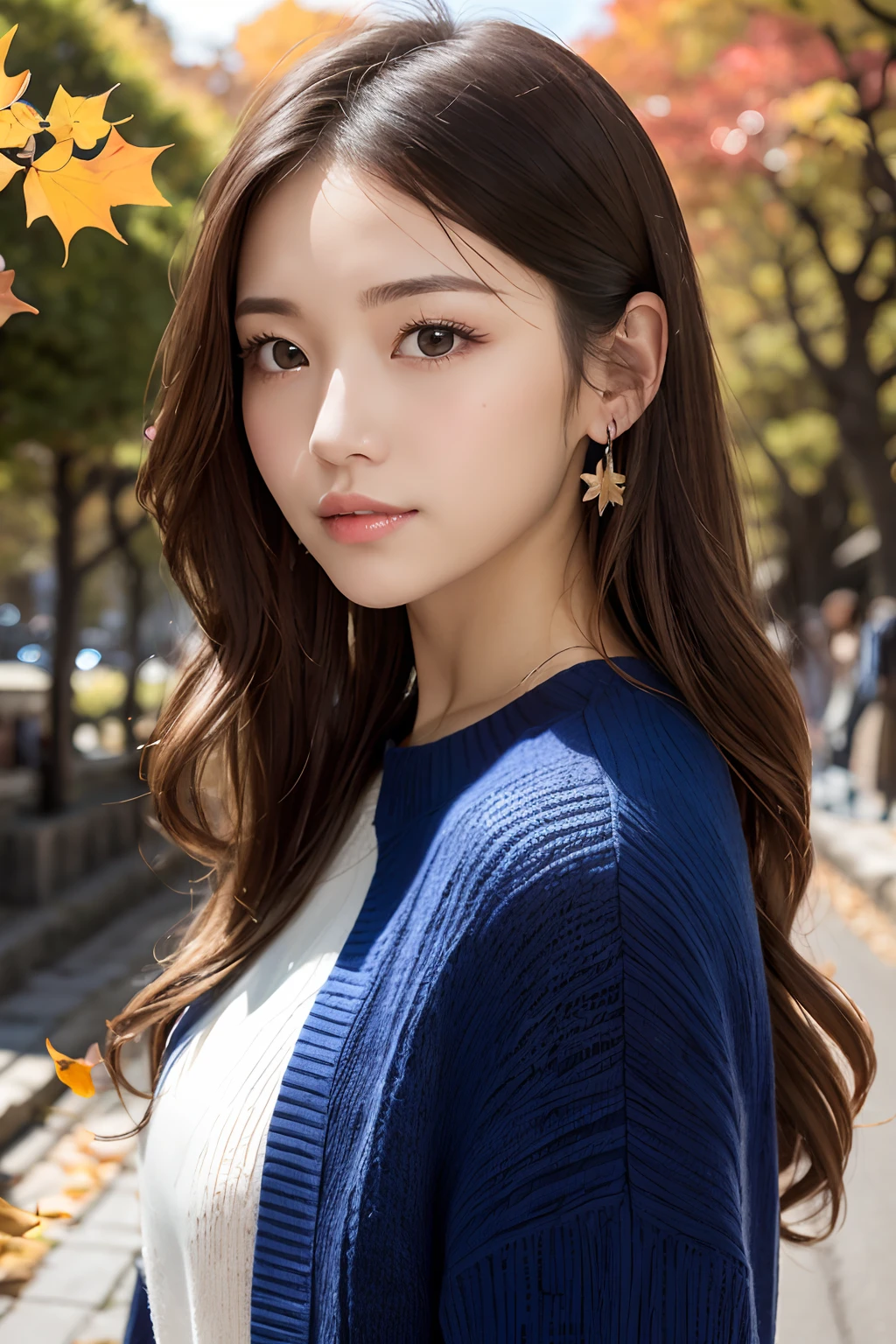 (masutepiece:1.3), High resolution, ultra-detailliert, the Extremely Detailed CG Unity 8K Wallpapers, Realistic, Photorealsitic, Raw photo, (beautifull detailed face), pale skin, Realistic skin, Detailed Cloth Texture, detailed hair texture, super model, Beautiful face, acurate, Anatomically correct, Highly detailed face and skin texture, Natural neck length, (Beautiful hands), (Fair skin:1.2), thin legs, Thin feet, Sexy thighs,
BREAK,
Detailed eyes, Symmetrical eyes, Brown eyes, Double eyelids, Thin eyebrows, (Glossy lips:1.4), (Gentle smile:1.2),
BREAK,
(a very pretty girl:1.3), (Wearing a white knitted long coat over a royal blue sweater dress:1.2), (strap sandals),
medium large breasts, (firm breasts, nice shaped breasts, Slender figure:1.1),
(Layered hairstyle, dark brown hair, Wavy Hair), (Medium Long Hair:1.2),(At the ginkgo tree avenue:1.2), ((Autumn foliage scenery:1.3)),
((Japanese「kyoto」In the「Lanshan(Langshan)」で:1.2)), (upperbody shot:1.2), ((Looking at Viewer:1.2)), ((from the front side:1.3)),