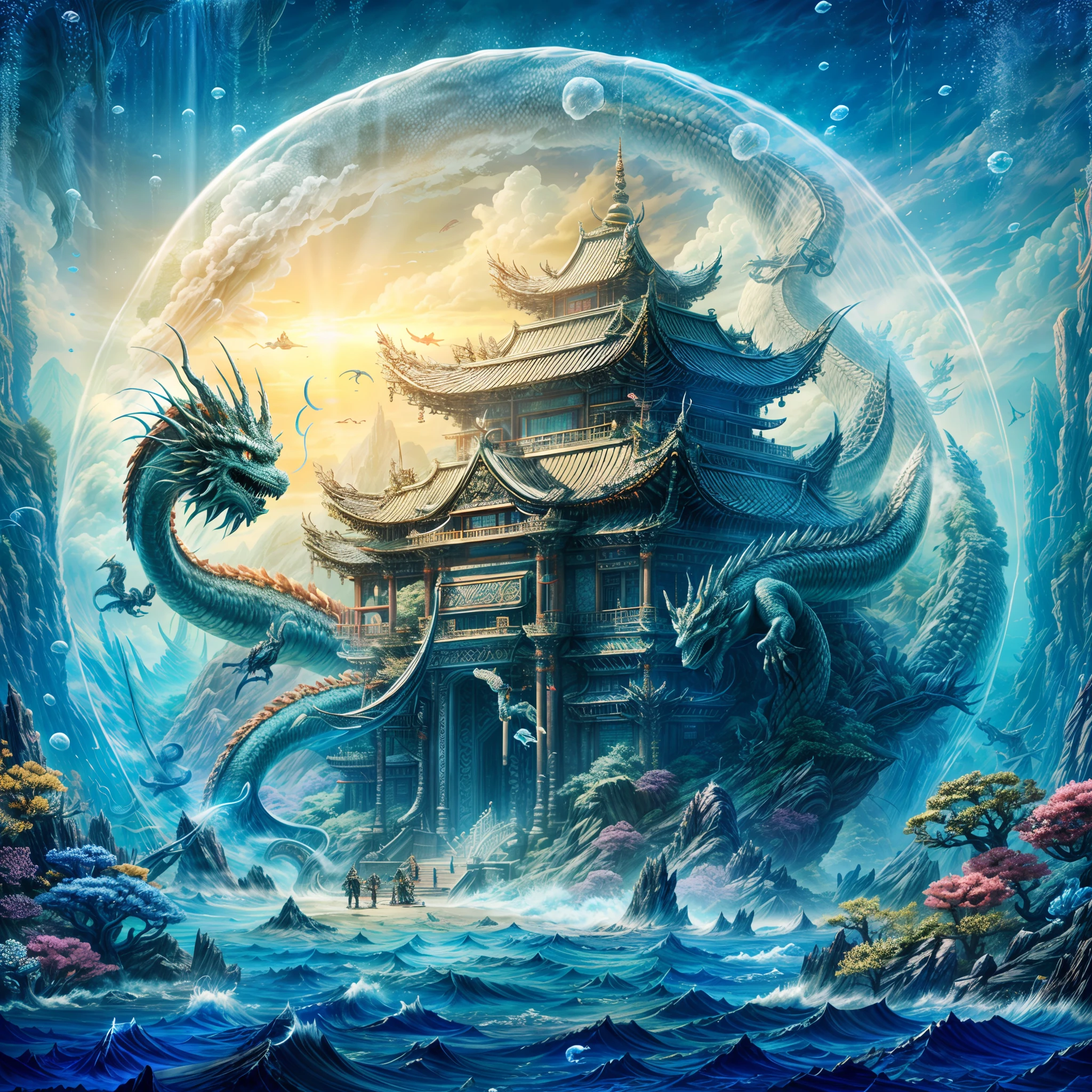 a painting of a dragon and a dragon in front of a building, undersea temple, chinese fantasy, underwater temple, undersea temple with fish, cyan chinese dragon fantasy, jellyfish temple, detailed fantasy digital art, water temple, cyberpunk chinese ancient castle, studio ghibli and dan mumford, 4k highly detailed digital art, highly detailed fantasy art, dan mumford. maya render,depths-fc