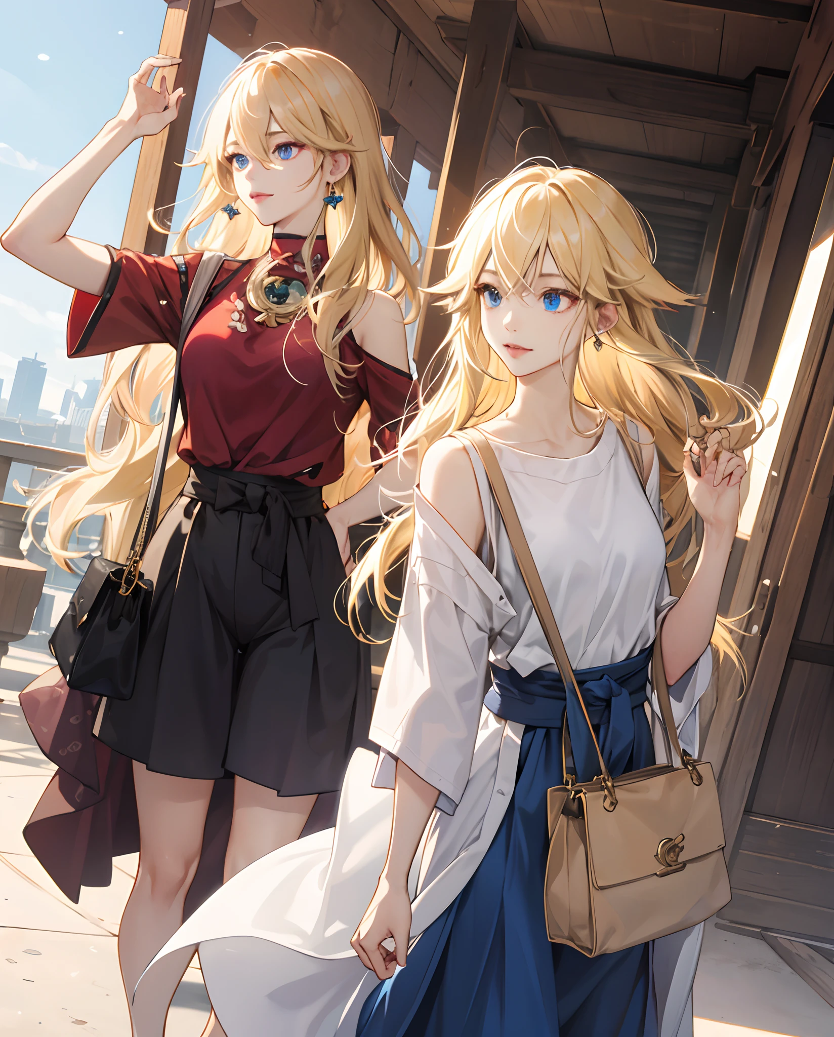 Yae Miko but she has blonde hair and blue eyes, in a casual outfit.
