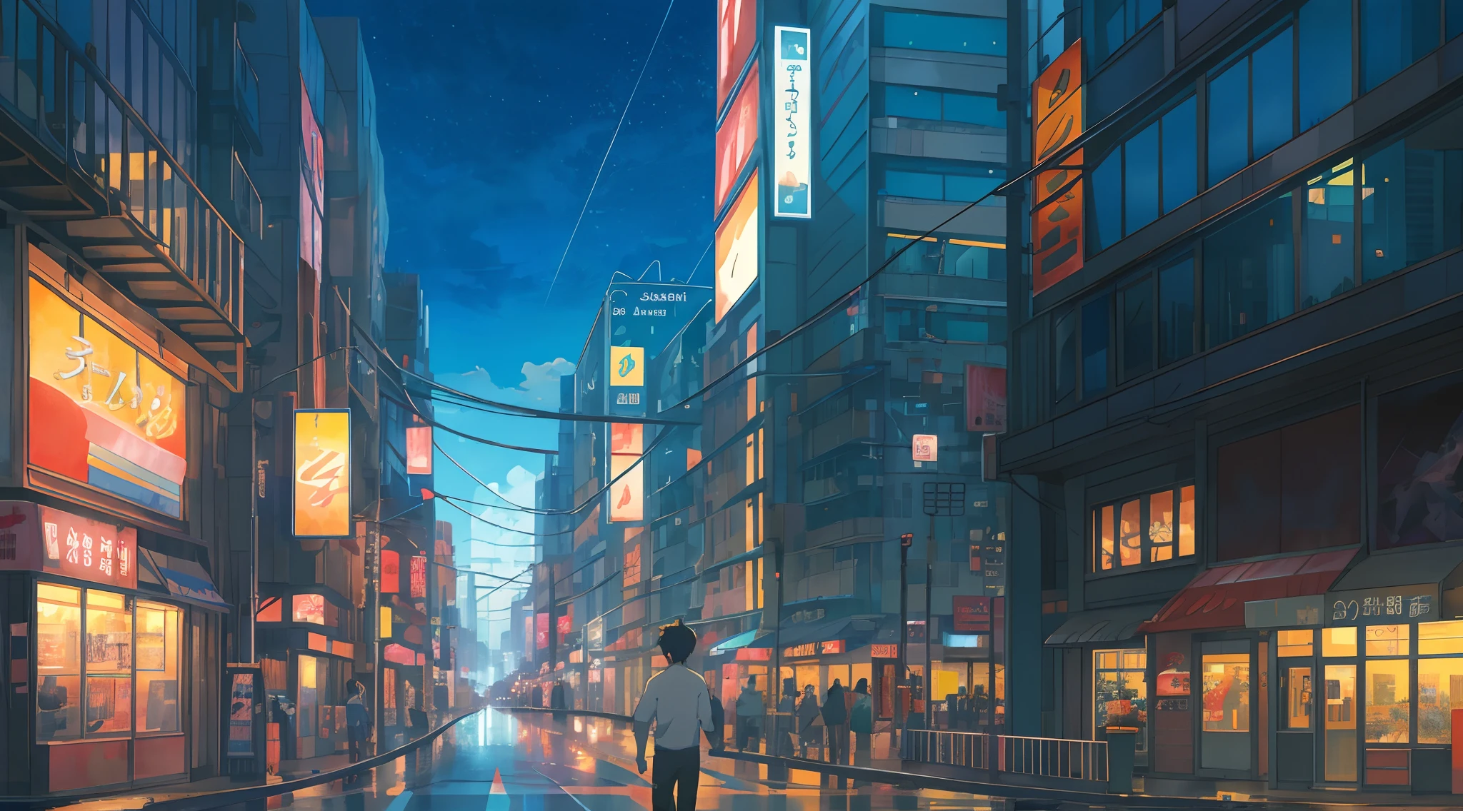 Anime City Street View Night, Anime background art, Anime landscape concept art, beautiful anime scenes,, anime backgrounds, Makoto Shinkai's style, beautiful anime scenery,, Anime landscapes, anime style cityscape, in the style of makoto shinkai, tokyo anime anime scene.Makoto Shinkai，The contours of the characters are clear