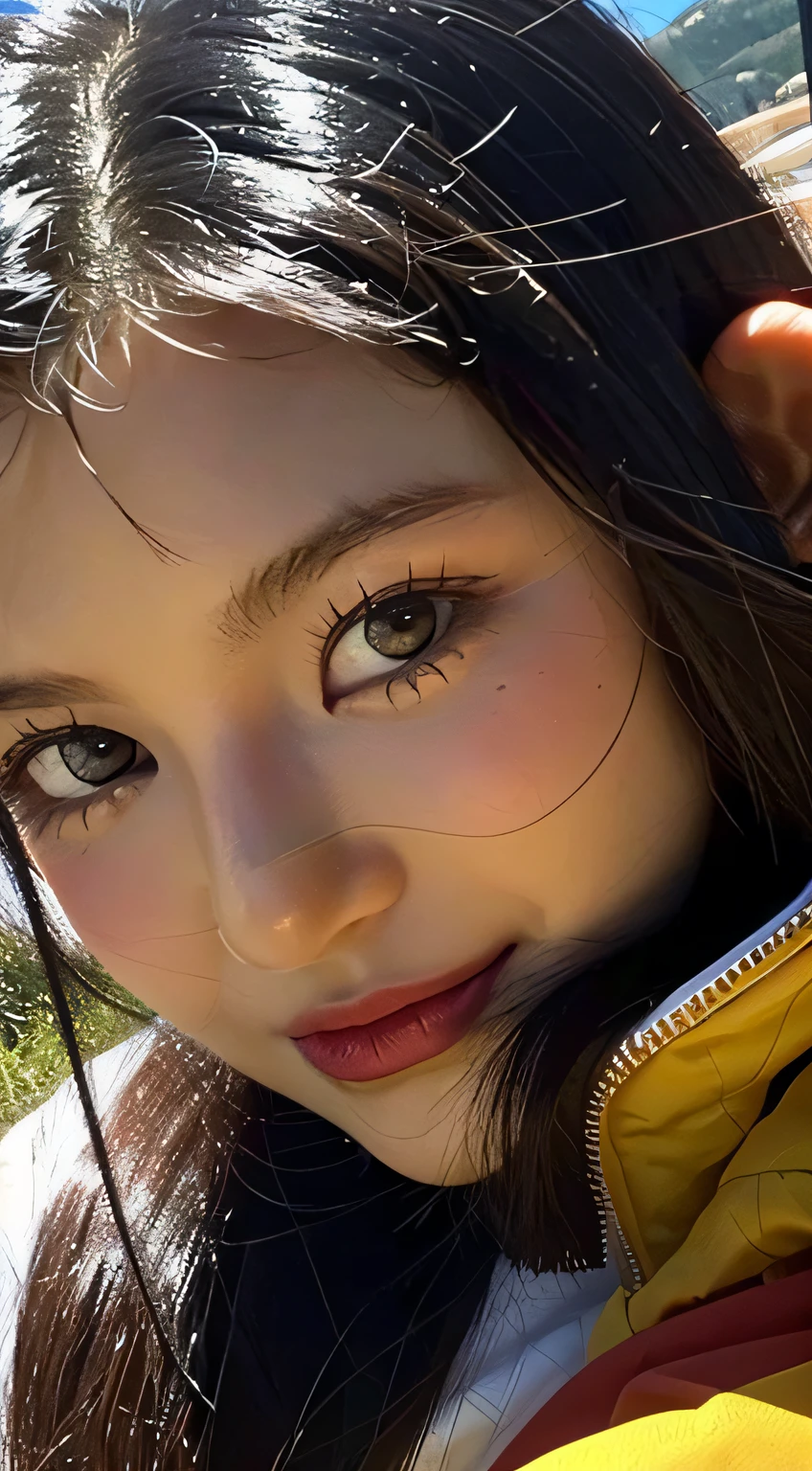 best quality, master part, Ultra high resolution, (Realistic: 1.4), foto original, Head Photo, pele, fundo simples, olhos negros, detalhe, Selfie, 1 girl, vermelho, brisa, luz solar, Jardim, quieto, desfrutar, Hora de Ouro