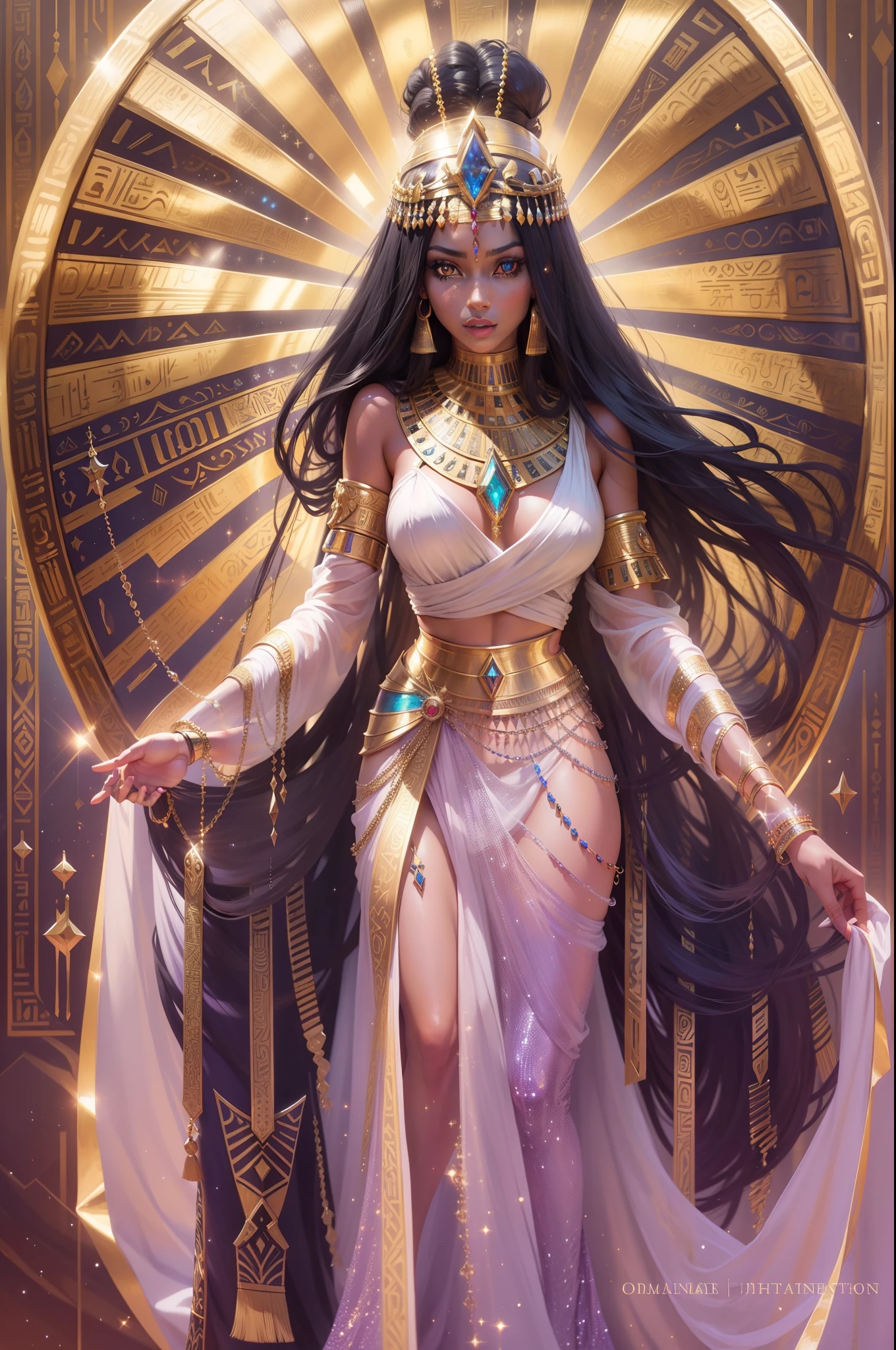 One very beautiful woman looking back at you, dressed like an Egyptian queen, cleopatra, ridiculously long hair, shiny hair, expressive hair, crystal hair, gradient eyes, artistic, conceptual art, glitter Effect, Glow, UHD, Retina, Masterpiece, Accurate, Anatomically Correct, Ultra Detailed, High Detail, Fine Skin