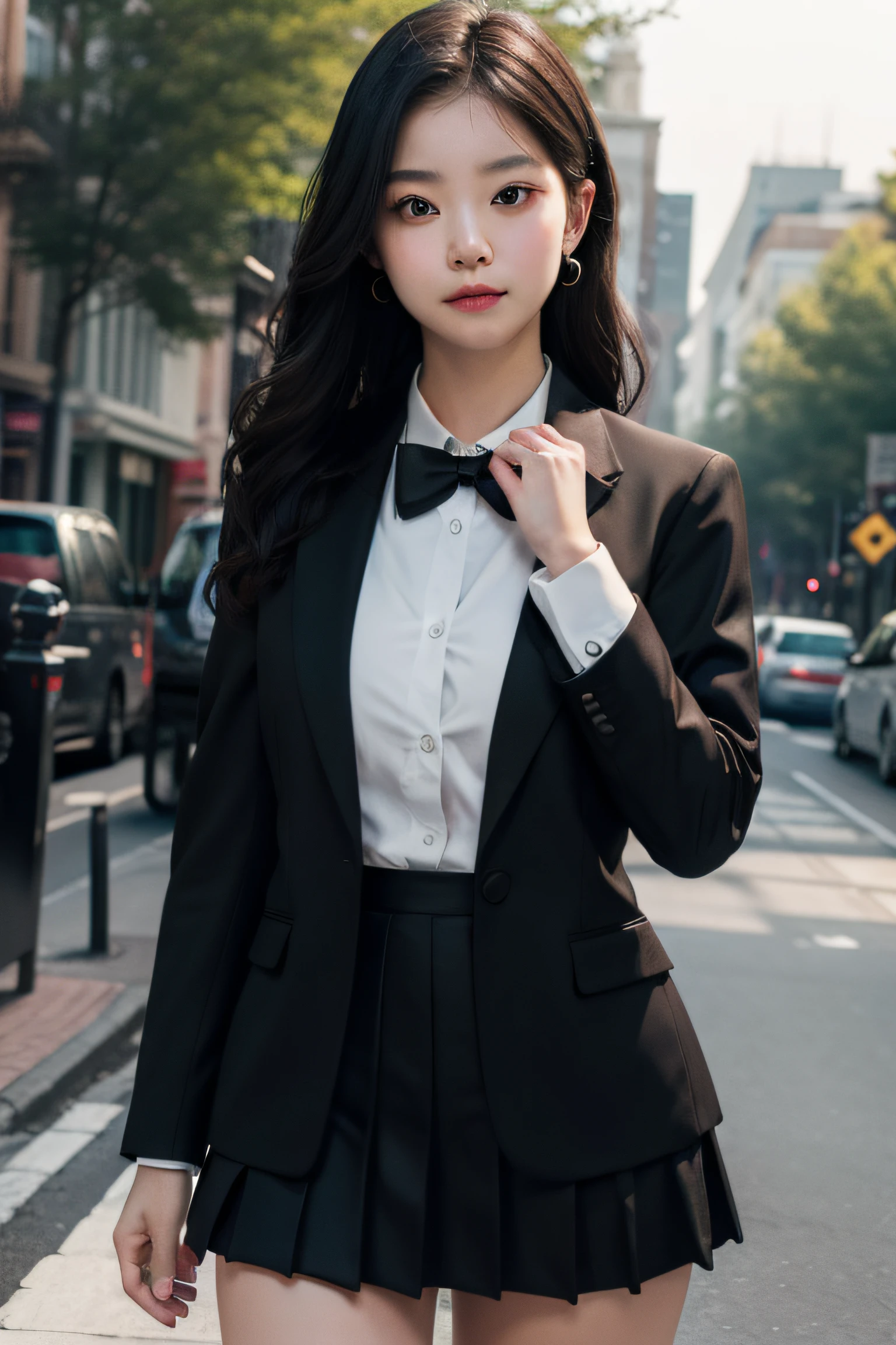 best quality, masterpiece, 1girl, Beautiful face, (photo realistic:1.3), rim lighting, (high detailed skin:1.2), 8k uhd, dslr, high quality, high resolution, 4k, 8k, Bokeh, absurdres, best ratio four finger and one thumb, (realistic:1.3), ulzzang, cute kawaii 1girl, wearing black formal blazer, medium breasts, short skirt,