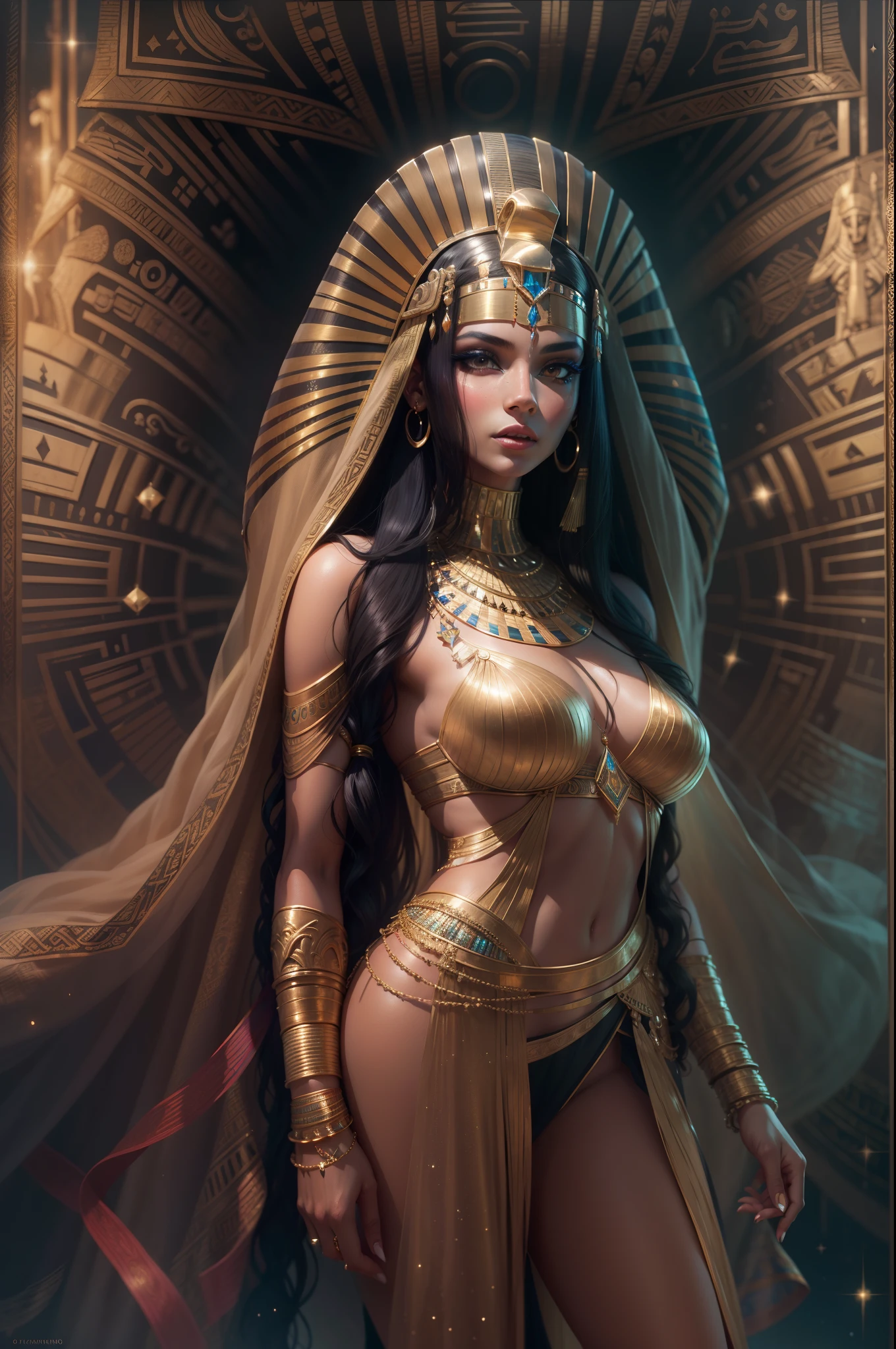 One very beautiful woman looking back at you, dressed like an Egyptian queen, cleopatra, ridiculously long hair, shiny hair, expressive hair, crystal hair, gradient eyes, artistic, conceptual art, glitter Effect, Glow, UHD, Retina, Masterpiece, Accurate, Anatomically Correct, Ultra Detailed, High Detail, Fine Skin
