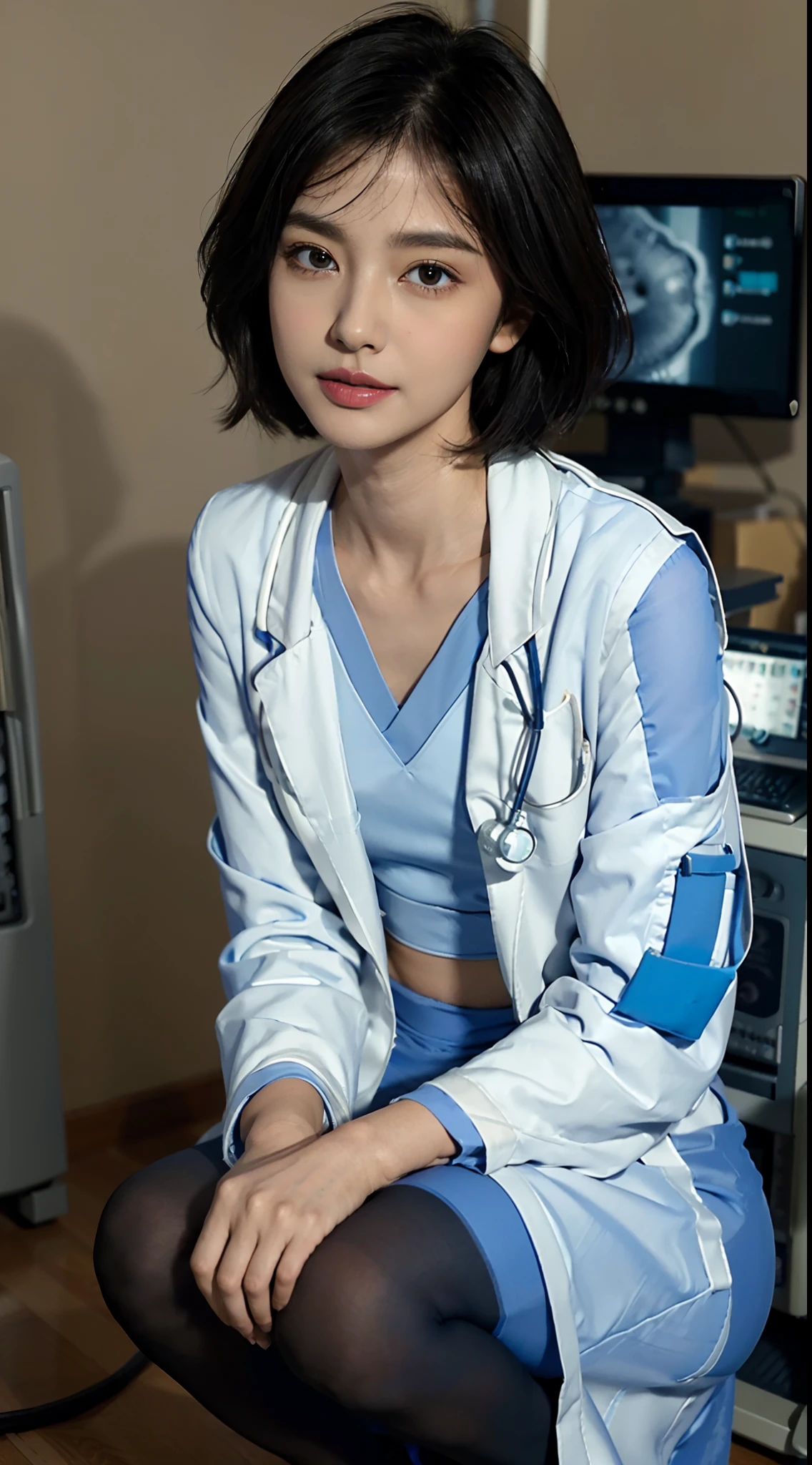 ((Small underboob)), (shoulder-length straight short hair: 1.1), Black hair,Upper body, （Extremely meticulous CG 8k wallpaper），（Extremely refined and beautiful），（Masterpiece），（best qualtiy：1.0），（Ultra High Resolution：1.0），beautiful light up，Perfect lightning，realistic shaded，[A high resolution]，Smooth and flawless fair skin，Extremely exquisite facial details，（perfect body：1.1），ultra - detailed,A beautiful girl，small head，(Small breasts:1.1)，Flat chests，slim，thin，Smile，cheerfulness,(doctor's white coat:1.7),(blue pantyhose:1.4),autumn,Morning,A female doctor，wearing glasses,In a dilapidated hospital，In office,(Squatting next to a medical machine:1.5),Close Shot,cowboy shot,Portrait above chest level