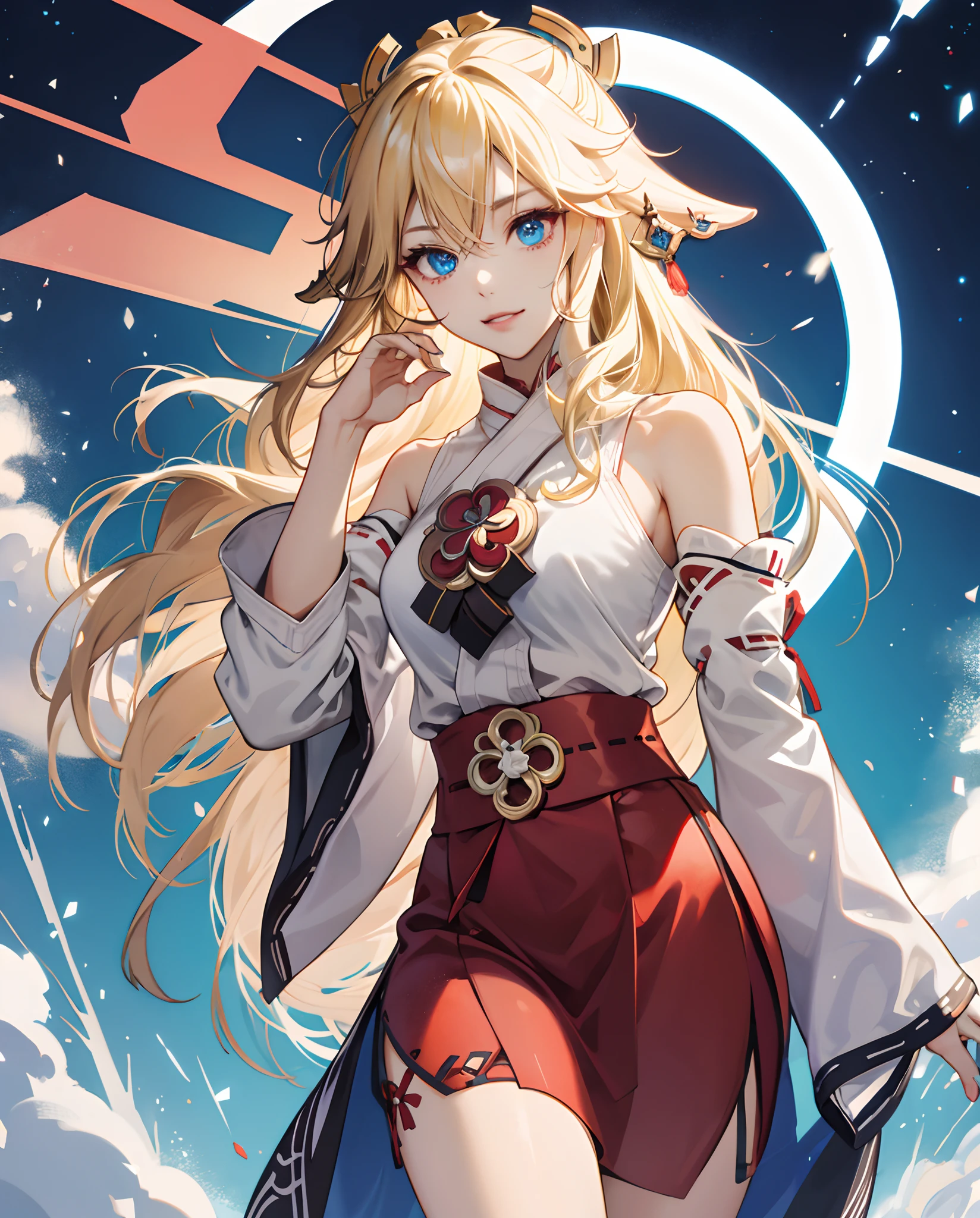 One Girl, Fox Girl, Fox's Tail, Nine-Tailed Fox,Fox Ears, Black colored hair, Fox Makeup,One Girl, Kimono with open chest, Body size is 100-70-90!, Nice body, Avatar, face, Open chest, lewd face, Dominant representation, naughty face, Big Breasts, Emphasize cleavage,Show bare skin, Skin is visible, With legs apart, Show off your thighs, With legs apart, A beautifully patterned kimono, I can see her cleavage, Muscular, Uplifting, Abdominal muscles, Exposed skin, Long Hair, Skin Texture, Soft breasts, Large Breasts, Grassy field, outside, Blue sky
