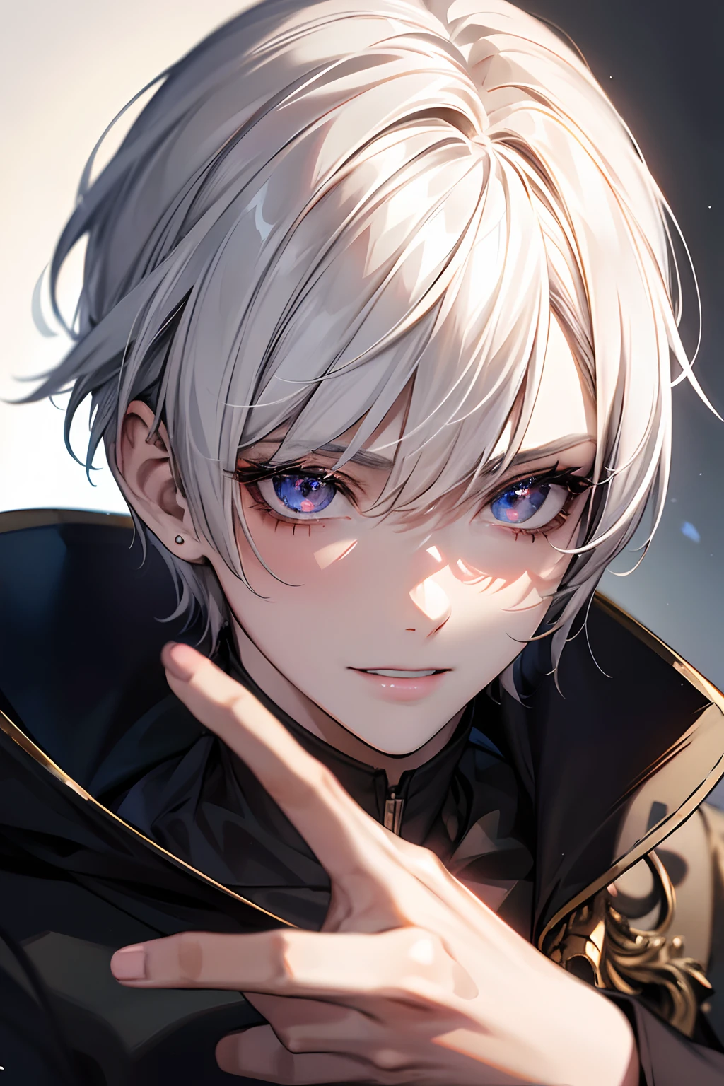 1 boy, 20 years old,short gray hair with long bangs,， (Close up face, masutepiece, Best Quality:1.2), 8K, Official art, absurderes, ,Eyes are visible black sunglasses，Delicate glowing eyes and lashes，piercings, (smokey red eye shadow with glitter, glazed very pale pinkish lips,,:0.9), evening, nffsw, face lights, A hyper-realistic, hight resolution, Photography, Film grain, chromatic abberation, Sharp Focus, nffsw, face lights, Dynamic lighting, Cinematic lighting, Professional Shadow, dark shadow, highest details, ighly detailed, ultra-detailliert, finely detail, Real Skin, Delicate facial features, Friendly smile，wave her hand，Detailed face and eyes, Sharp pupils, Realistic pupils, (White hair:1.4)
