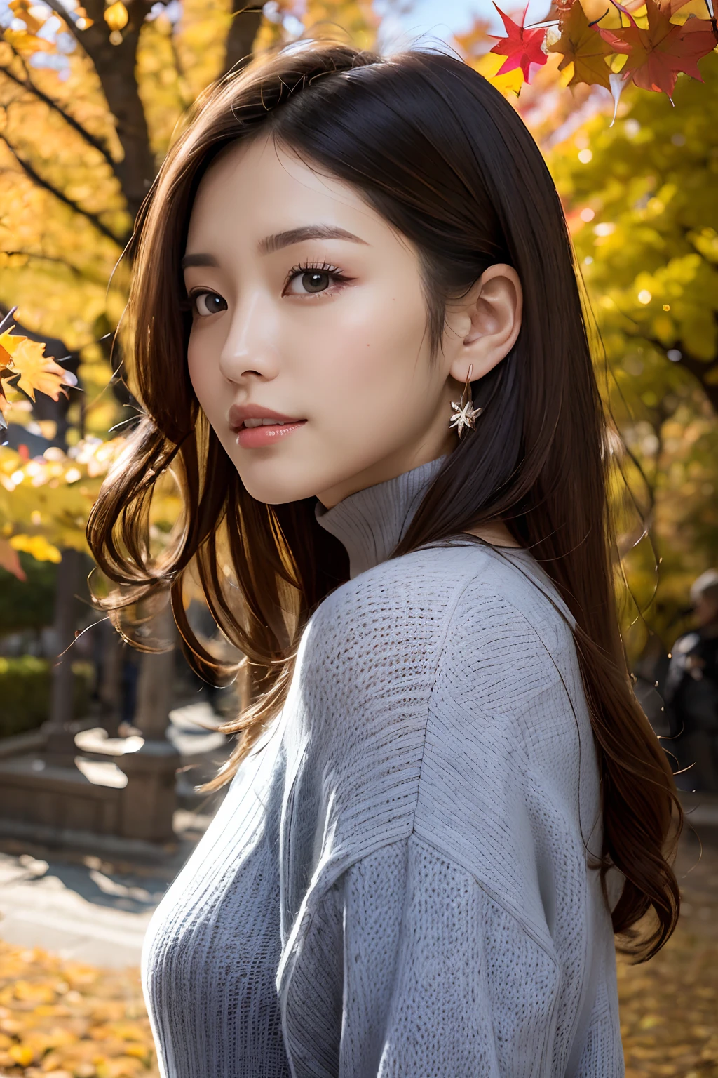 (masutepiece:1.3), High resolution, ultra-detailliert, Raw photo, (beautifull detailed face), pale skin, Realistic skin, Detailed Cloth Texture, detailed hair texture, super model, Beautiful face, acurate, Anatomically correct, Highly detailed face and skin texture, Natural neck length, (Beautiful hands), (Fair skin:1.2), thin legs, Thin feet, Sexy thighs,
BREAK,
Detailed eyes, Symmetrical eyes, Brown eyes, Double eyelids, Thin eyebrows, (Glossy lips:1.4), (Gentle smile:1.2),
BREAK,
(a very pretty girl:1.3), (Wearing a white knitted long coat over a royal blue sweater dress:1.2), (strap sandals),
medium large breasts, (firm breasts, nice shaped breasts, Slender figure:1.1),
(Layered hairstyle, dark brown hair, Wavy Hair), (Medium Long Hair:1.2),(At the ginkgo tree avenue:1.2), ((Autumn foliage scenery:1.3)),
((Japanese「kyoto」In the「Lanshan(Langshan)(Langshan)」で:1.2)), (upperbody shot:1.2), ((Looking at Viewer:1.2)), ((from the front side:1.3)),
