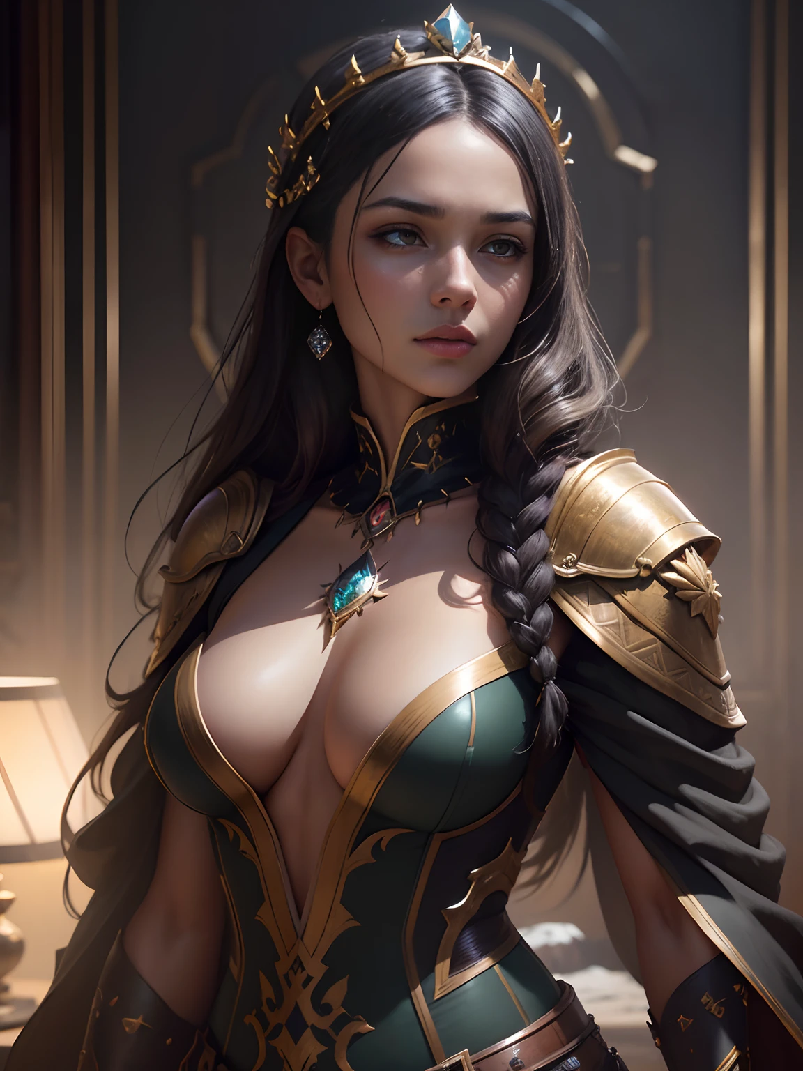 Modelshoot style, (the Extremely Detailed CG Unity 8K Wallpapers), full-shot body photo of the most beautiful artwork in the world, medieval queen, green vale, Dark skin, black woman, Golden crown, Diamonds, Medieval architecture, professional majestic oil painting by Ed Blinkey, Atey Ghailan, Studio Ghibli, By Jeremy Mann, Greg Manchess, Antonio Moro, Trending on ArtStation, Trending on CGSociety, Convoluted, high detailing, Sharp Focus, Dramatic, photorealistic painting art by midjourney and greg rutkowski