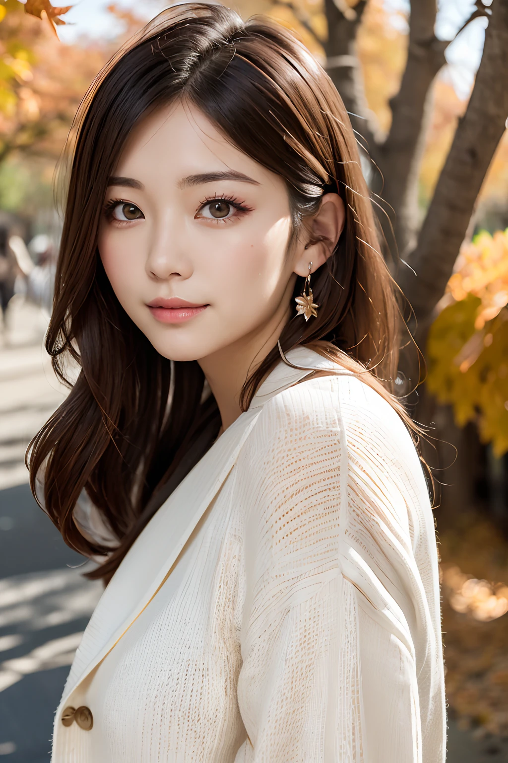 (masutepiece:1.3), High resolution, ultra-detailliert, Raw photo, (beautifull detailed face), pale skin, Realistic skin, Detailed Cloth Texture, detailed hair texture, super model, Beautiful face, acurate, Anatomically correct, Highly detailed face and skin texture, Natural neck length, (Beautiful hands), (Fair skin:1.2), thin legs, Thin feet, Sexy thighs, 
BREAK, 
Detailed eyes, Symmetrical eyes, Brown eyes, Double eyelids, Thin eyebrows, (Glossy lips:1.4), (Gentle smile:1.2), 
BREAK, 
(a very pretty girl:1.3), (Wearing a white knitted long coat over a royal blue sweater dress:1.2), (strap sandals), 
medium large breasts, (firm breasts, nice shaped breasts, Slender figure:1.1), 
(Layered hairstyle, dark brown hair, Wavy Hair), (Medium Long Hair:1.2)，(At the ginkgo tree avenue:1.2), ((Autumn foliage scenery:1.3)),
((Japanese「kyoto」In the「Lanshan(Langshan)(Langshan)」で:1.2)), (upperbody shot:1.2), ((Looking at Viewer:1.2)), ((from the front side:1.3)),