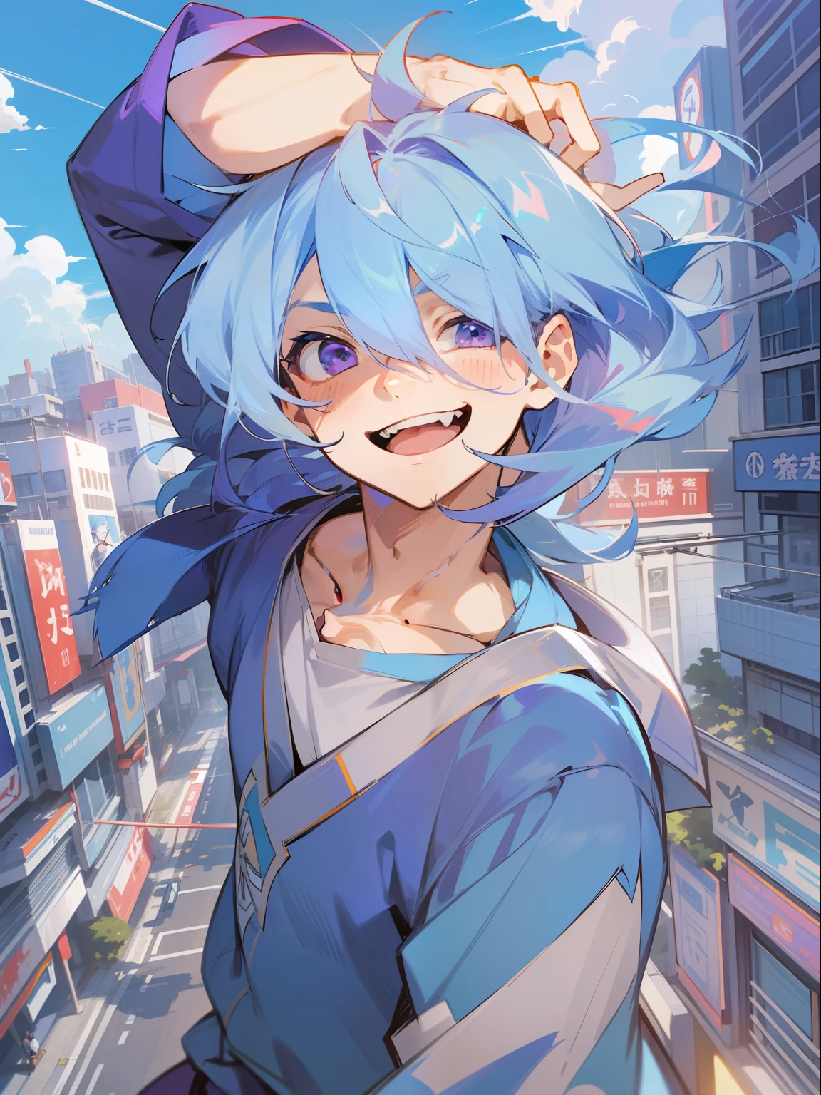 Ultra Detail, 1man, matured male, proportionate face, (Sky blue hair,Outer hair:1.3),Handsome man, graphic tshirt, Dynamic Angle, Japanese Anime, purple eyes, Laughing, city, man in his 20s, rebellious