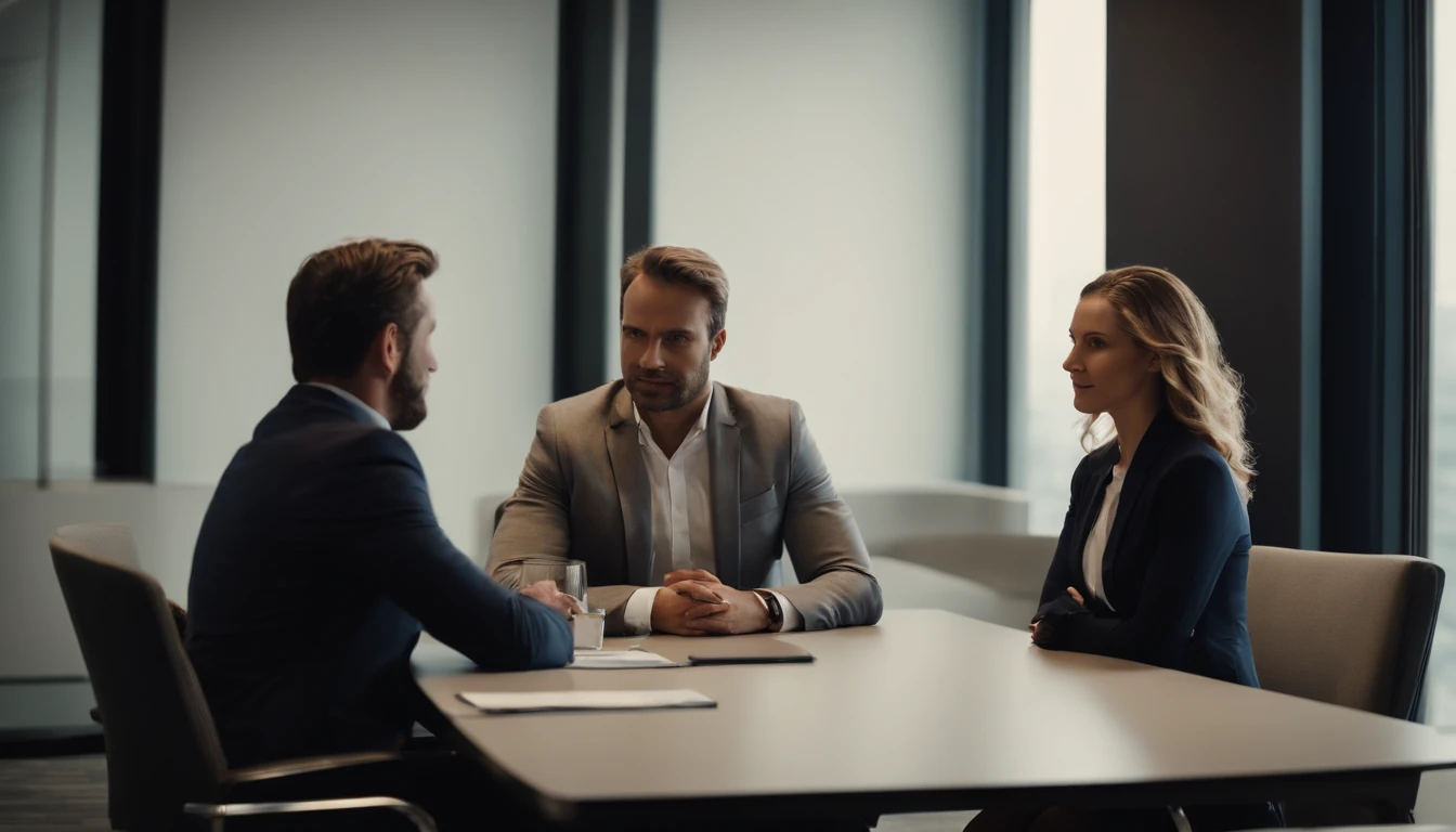 Two men and two women talking to each other in a meeting room at a corporate company.