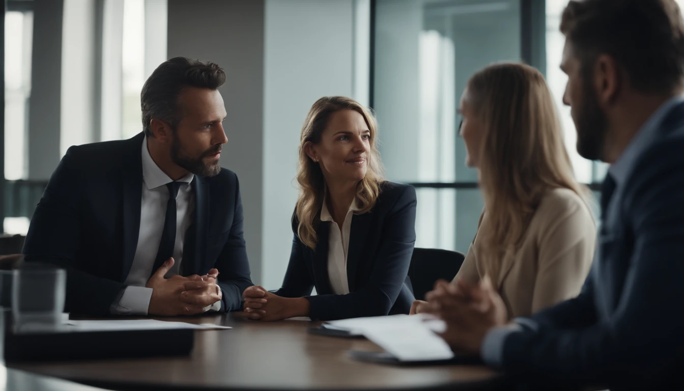 Two men and two women talking to each other in a meeting room at a corporate company.