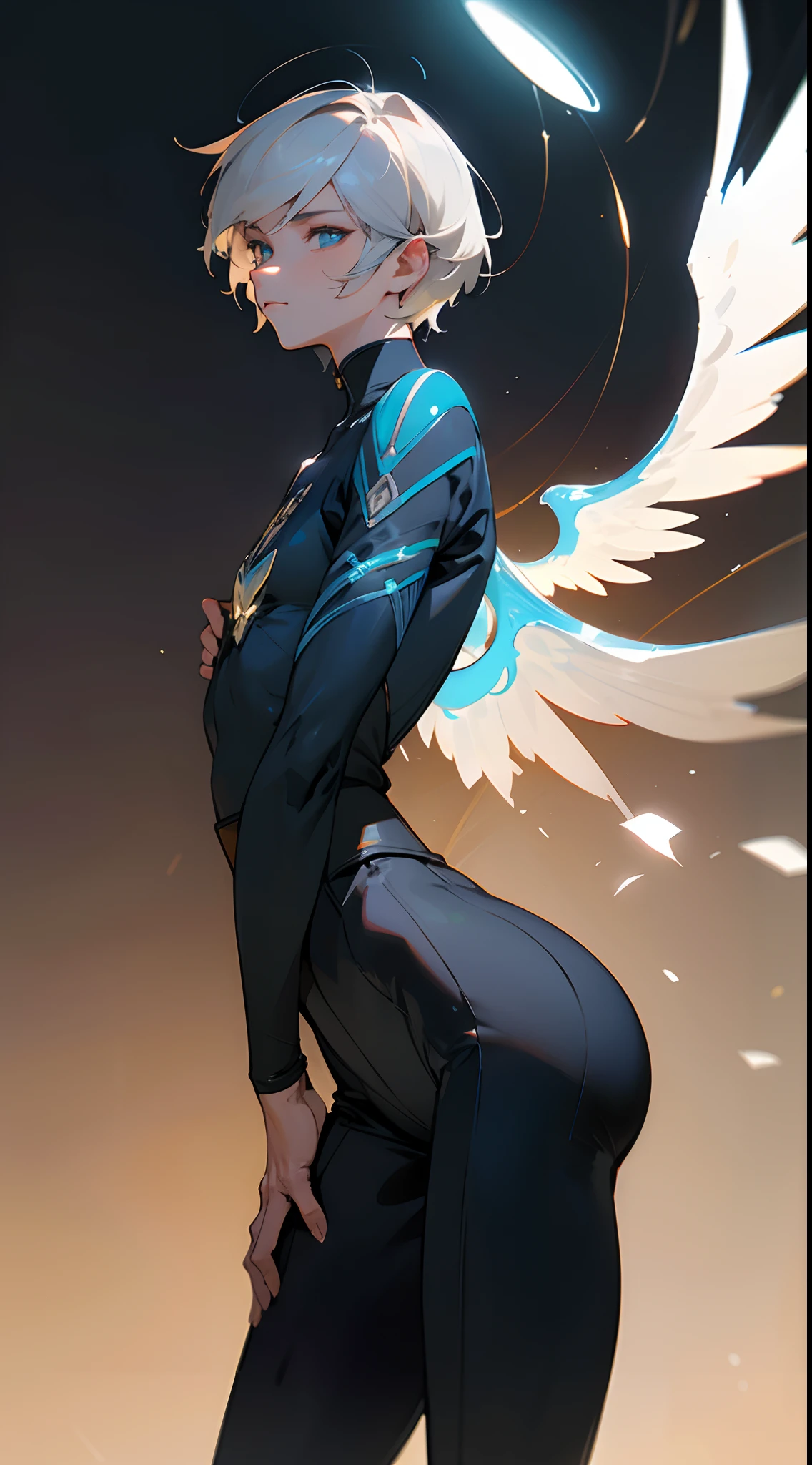 Black pantsuit, Black T-shirt with, melancholy lighting, A tranquil, peacful, luminance, tmasterpiece, best qualityer, (Ultra photo realsisim:1.3), (tmasterpiece:1.4), best qualtiy, ((realisticlying)), high high quality, ultra - detailed, ((Authentic images)), ((Realistic skin)), ((photorealiscic face)), (illustratio:1.05), (Handsome:1.05), (beatiful detailed eyes:1.05), (cinematric light:1.1), Blue in the detachment, perfect whole body,Black and blue clothes,White sneakers,(Handsome male),(perfect male figure), short detailed hair,Detailed face, Perfect face, (The stands up), Detailed background, ((Bonifasko lighting)), (Detailed eyes), perfect pupils,a dark tanned skin,The halo,Angel wings,Kamimei