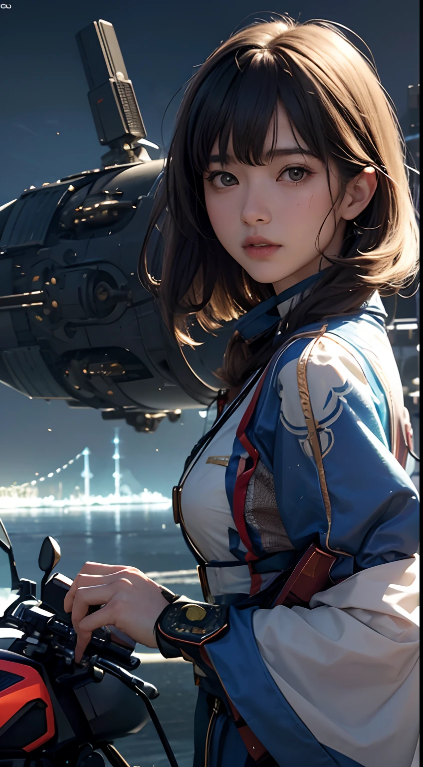 Katsuhiro Otomo, Kate Greenaway, Margaret Tarrant, Japanese Anime, Mysterious Bizarre Fantastic Surreal Sci-fi Fantasy Proliferating Machines Machine Life Network Future City Tokyo Girl on a motorcycle, super fine lines, detailed face, detailed hands, hyper detailed high resolution high definition high quality masterpiece, girl turning head slightly to look at viewer directly, depth of field, cinematic lighting, sharp focus