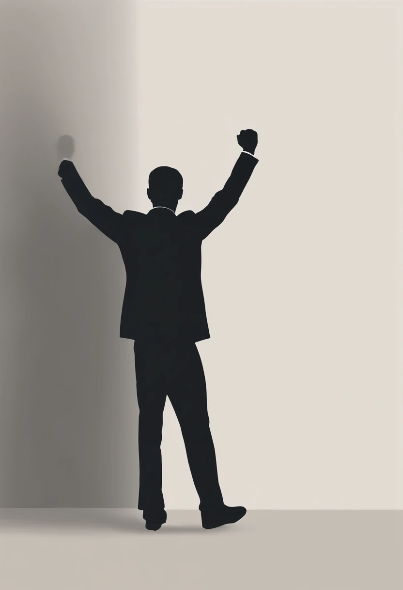 Silhouette of a, stands with his back to us, Arms raised up and elbows bent
