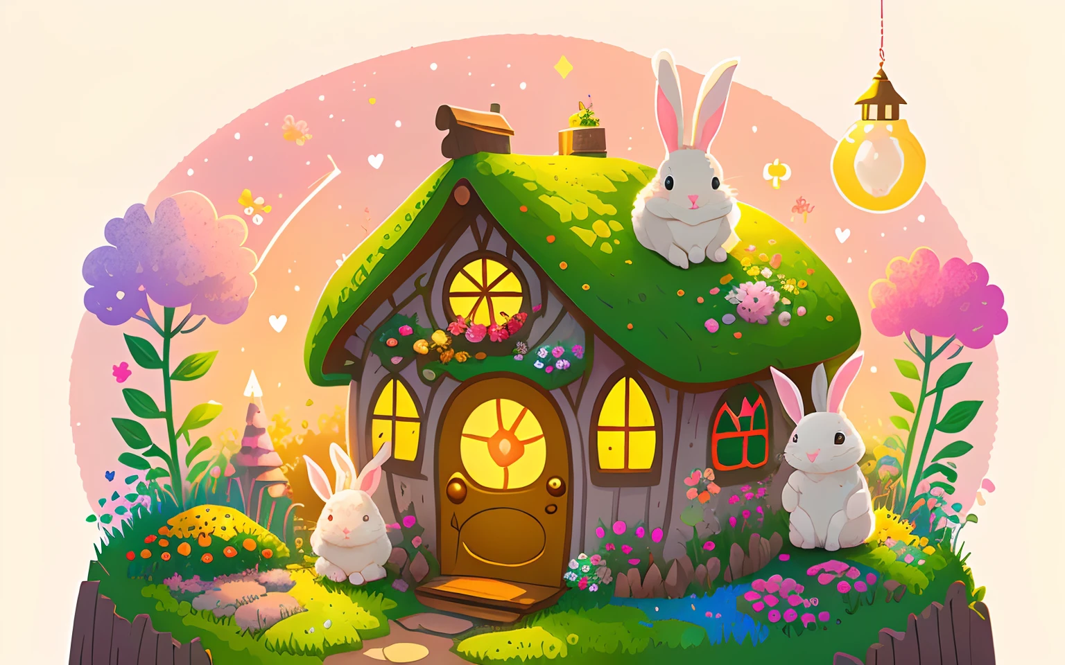 A lonely cute happy rabbit sitting in fairy garden vector art, flowers, sparks, colorful, warm, fairy cottage