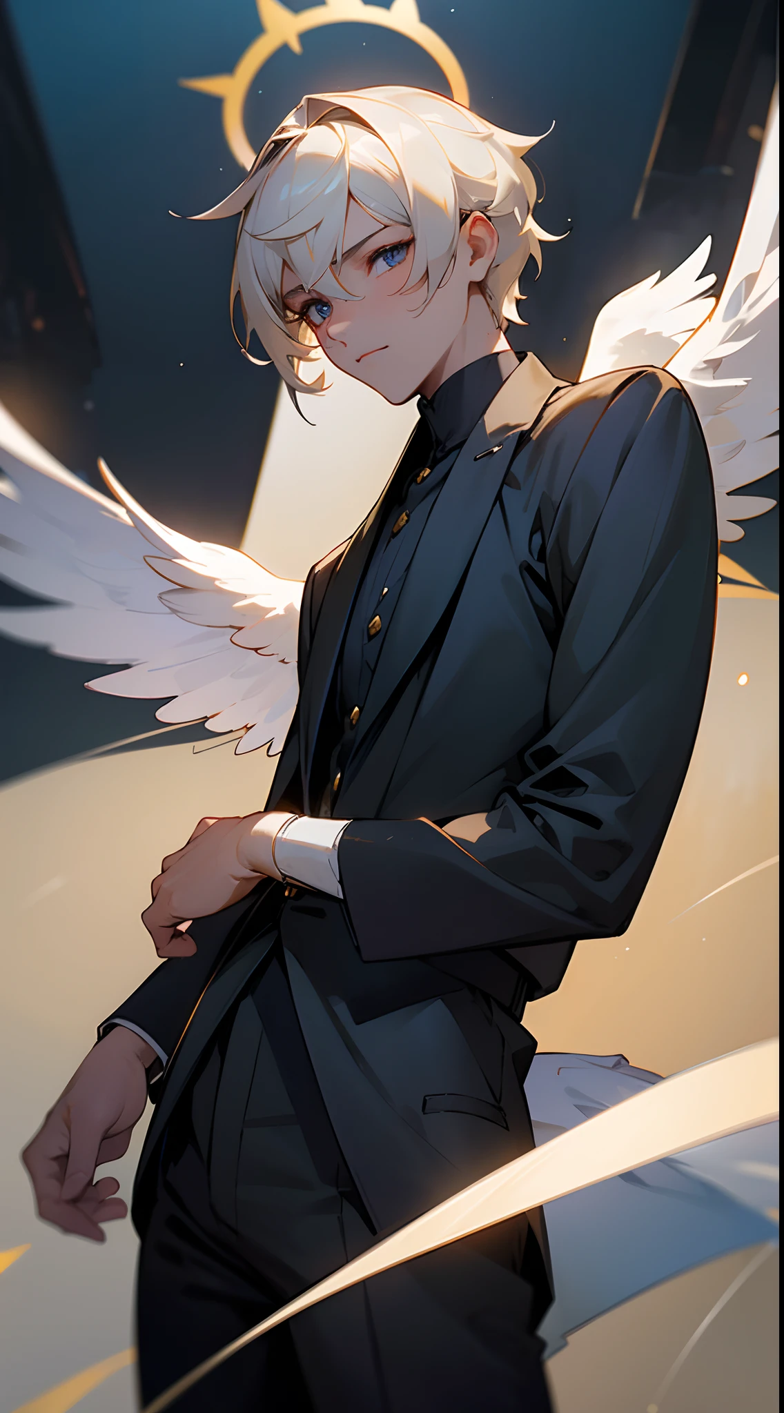 Black pantsuit, Black T-shirt with, melancholy lighting, A tranquil, peacful, luminance, tmasterpiece, best qualityer, (Ultra photo realsisim:1.3), (tmasterpiece:1.4), best qualtiy, ((realisticlying)), high high quality, ultra - detailed, ((Authentic images)), ((Realistic skin)), ((photorealiscic face)), (illustratio:1.05), (Handsome:1.05), (beatiful detailed eyes:1.05), (cinematric light:1.1), Blue in the detachment, perfect whole body,Black and blue clothes,White sneakers,(Handsome male),(perfect male figure), short detailed hair,Detailed face, Perfect face, (The stands up), Detailed background, ((Bonifasko lighting)), (Detailed eyes), perfect pupils,a dark tanned skin,The halo,Angel wings,Kamimei