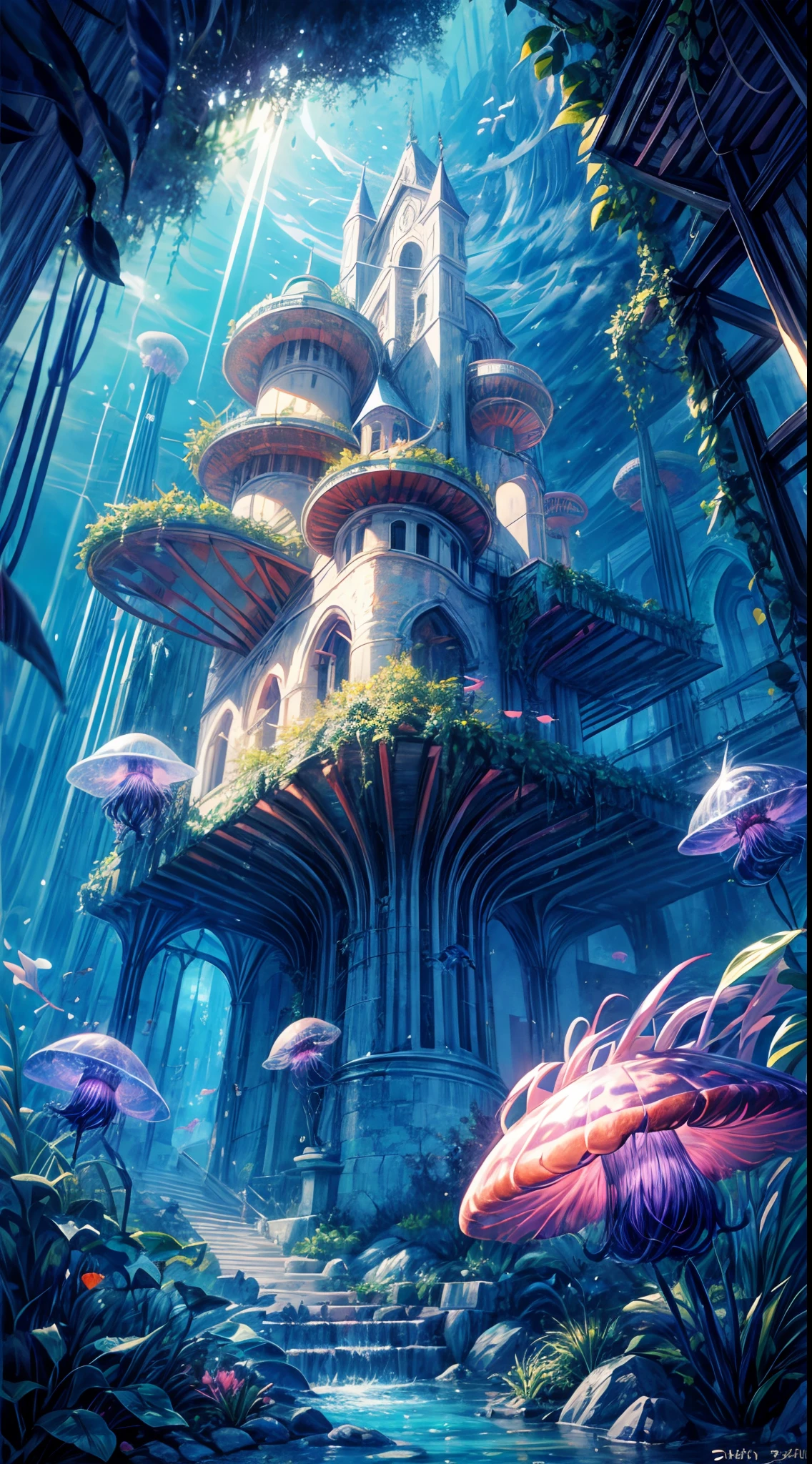 Masterpiece, High Quality, Ocean Forest, City, Fantastic Fantasy, Glowing Plants, Coral Viaduct, (Swarm of Glowing Jellyfish), (Shoal of Fish with Transparent Wings Flying in the Sky), Misty, Extreme Detail, Morning Light, Epic Composition, (Intricate Detail), (Intricate Design, Ultra Detail: 1.2), Art Station, (Masterpiece, Best Quality), Ultra HD, 32k ,castle,1girl