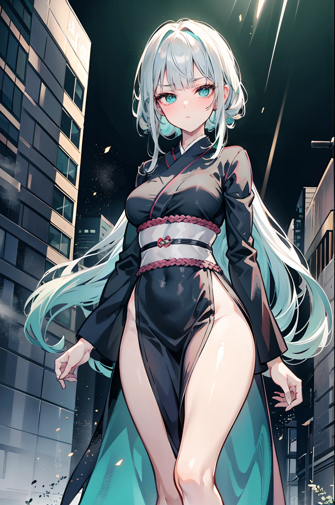 1 eighteen-year-old woman, long white hair combed in a messy braid, turquoise eyes, long eyelashes, soft facial lines, very large breasts, small waist, shapely body, blushing, shy, innocent atmosphere, short stature, beautiful body, pale skin like white jade, high resolution, 4k, detailed eyes, dressed in a short black kimono, ultra quality, 8k, HD, city, psychic powers. In the city, urban landscape, levitating.
