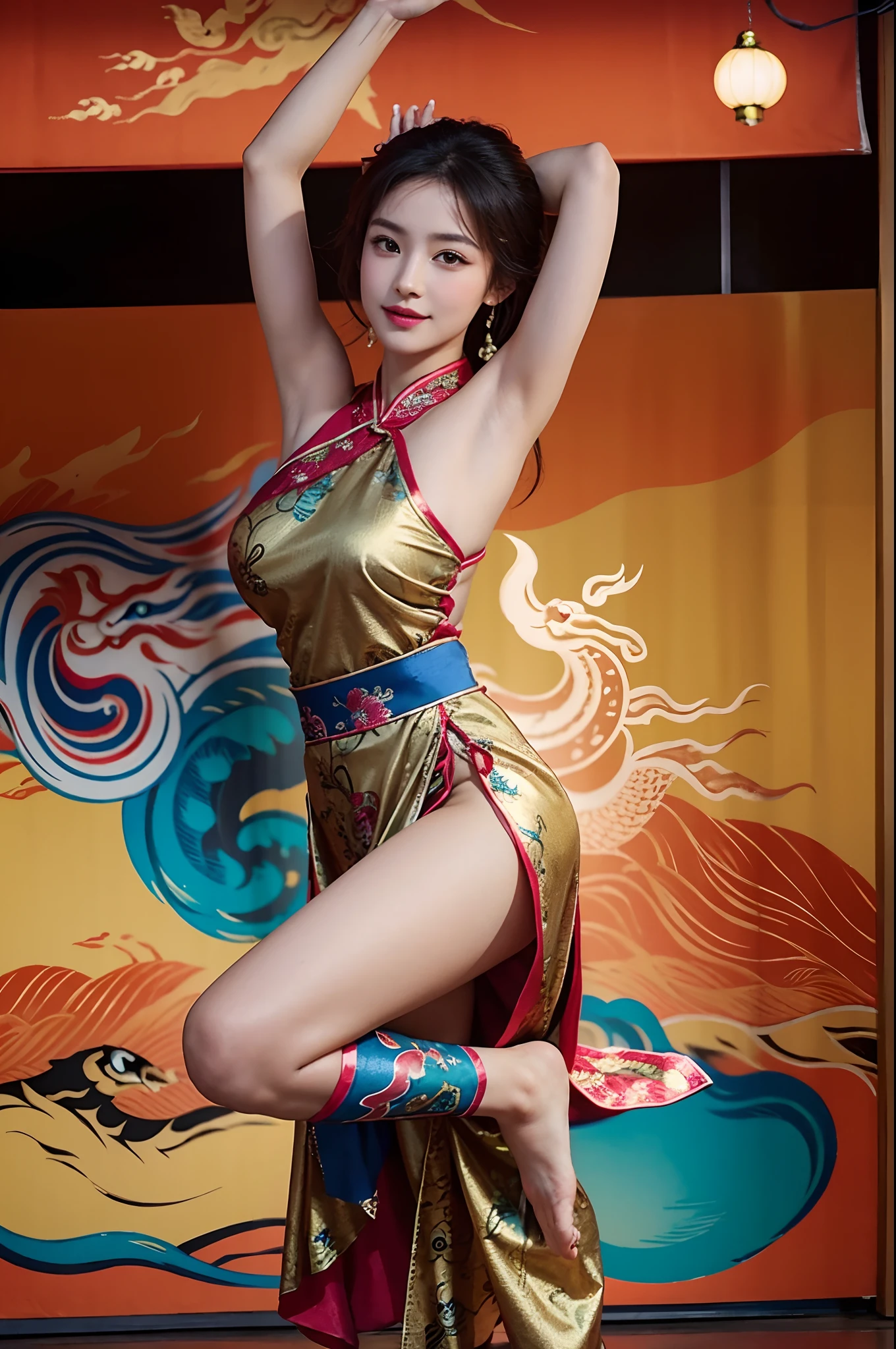 Detailed eyes, detailed lips, beautiful girl, vibrant colors, playful interaction, magical atmosphere, Chinese cultural elements, traditional costume, graceful movements, joyful expressions, mythical creature, cultural fusion, enchanting landscape, friendly and lively dragon, intricate details, masterful brushwork, dynamic composition, captivating storytelling, vivid imagination, dreamlike quality, rich symbolism, harmonious connection, magical friendship, ((dancing)), dance, sexy, very sexy, full colorful clothes, bare shoulder, bare legs, full body, all body shot, Big boobs,