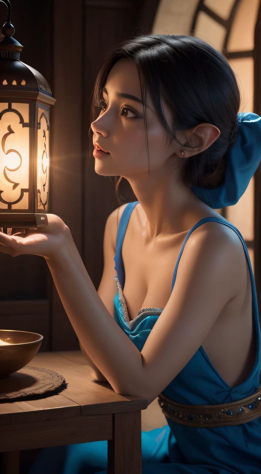 8K, Masterpiece, RAW photo, Best quality, Photorealistic, Extremely detailed Cg Unity 8K wallpaper, Depth of field, Cinematic light, Lens flare, Ray tracing (Extremely beautiful face, Beautiful lips, Beautiful eyes), intricate detail face (ultra detailed skin), 2 people, Aladdin and Jasmine, Fly on the magic carpet, Love story, Disney animation , The Blue Elf flies with Aladdin and Jasmine , Disney Lantern Genius , Take to the skies with Aladdin and Prentes Jasmine