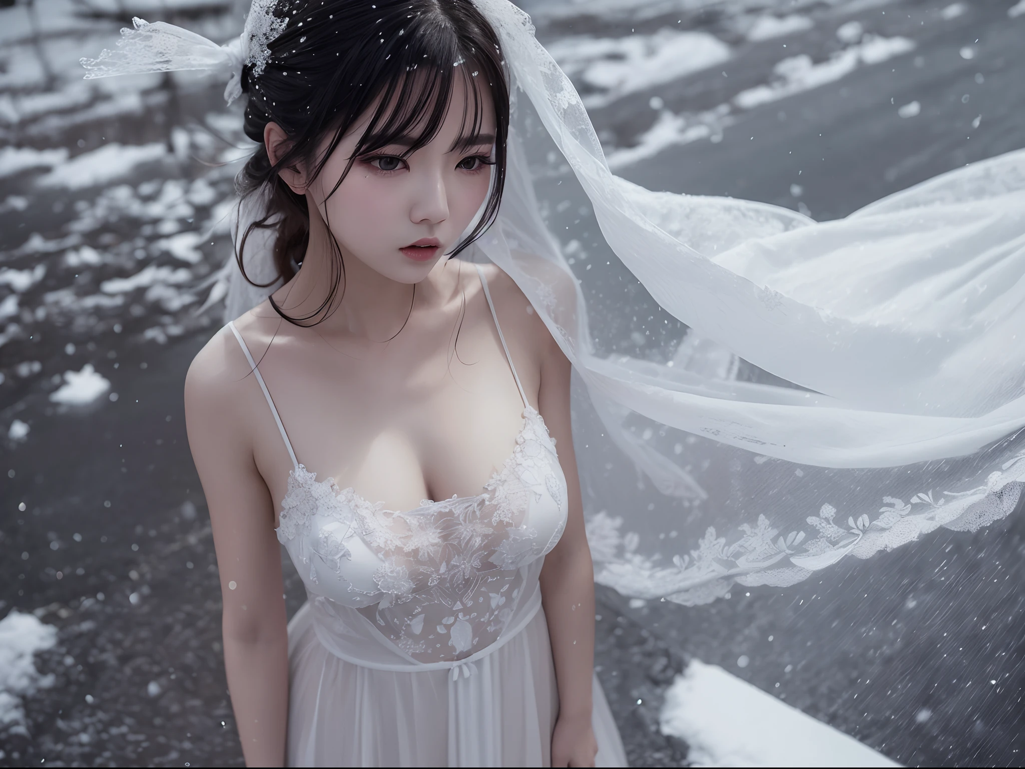 A woman in a slip dress, Standing in the snow, Pout, Close-up, Inspired by Cai Xukun, Shin Jinying, Cheng Yanjun, ruan jian, bian luan, ryan jia