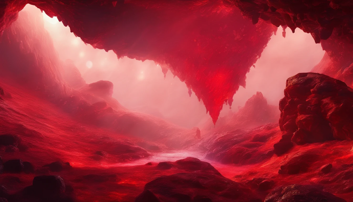 Showcase a scene of mine cave full of red stones, featuring cave with red stones, and the potential for interstellar cave full of red stones. 8k