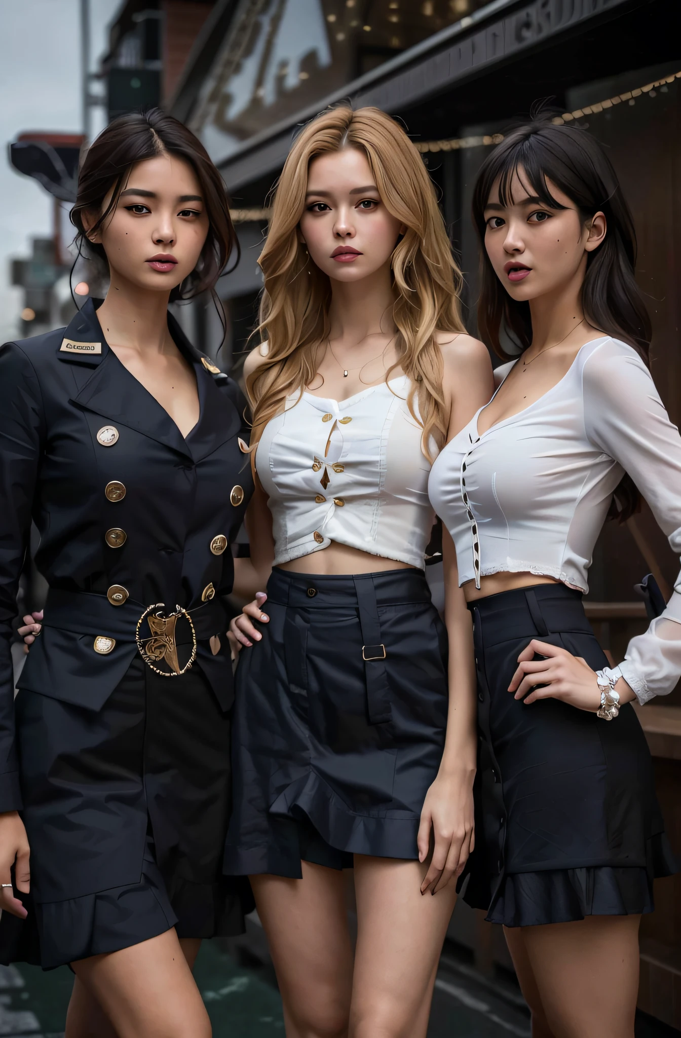 Three girls wearing short skirts taking a group photo in the city, delicate facial features, Korean fashion models, short-sleeved shirt with a jacket, JK school uniforms, sailor uniforms, trendy looks on CGSTATION, wearing crop tops and mini skirts, white and black outfits, sexy style, wearing cropped tops, girls frontline style, photos of slim girl models, casual clothing style, open V-necked tops, (best quality, 4k, 8k, highres, masterpiece:1.2), ultra-detailed, (realistic, photorealistic, photo-realistic:1.37), HDR, UHD, studio lighting, vivid colors, bokeh.