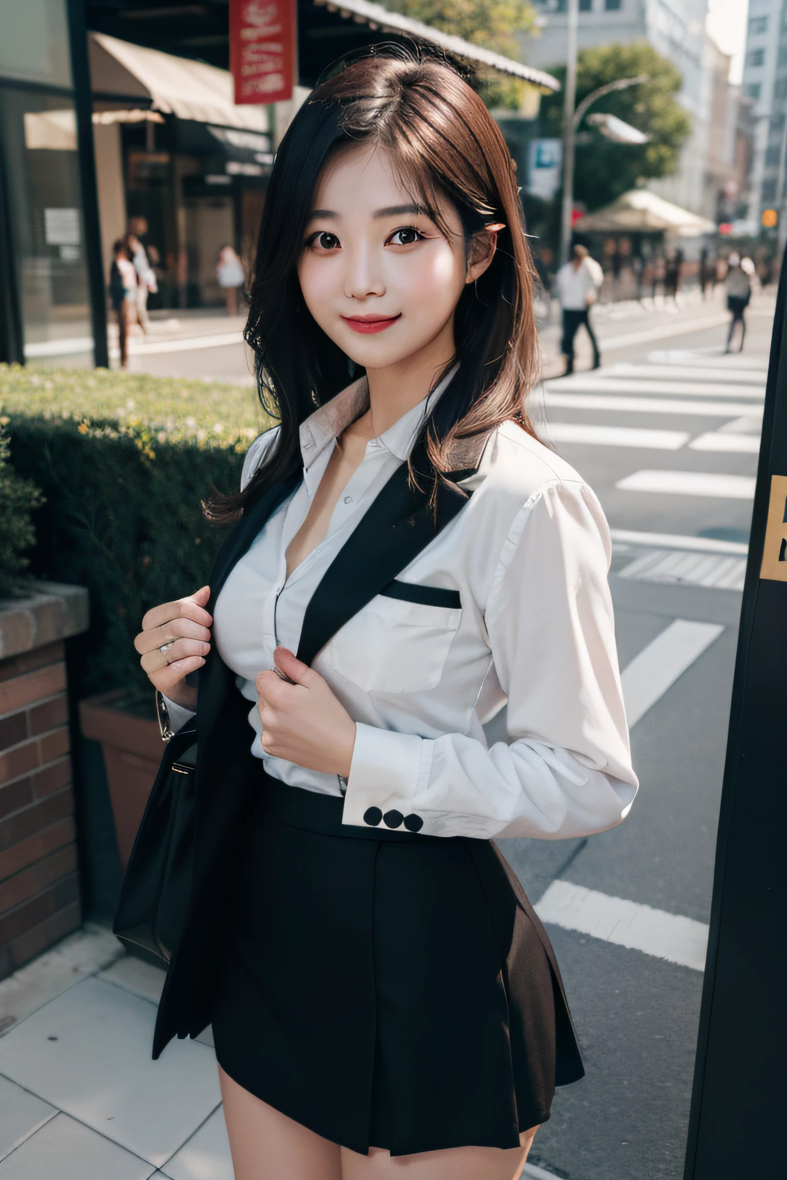 top-quality, masterpiece, 1girl in, beautiful countenance, (photographrealistic:1.3), Rim lighting, (High Detail Skins:1.2), 8K UHD, Digital SLR, hightquality, hight resolution, 4K, 8K, bokeh dof, absurderes, Maximum ratio:4fingers and 1thumb, (realisitic:1.3), ulzzangs, A smile、Cute 1 girl、Black formal blazer、middlebreasts、wearing a short skirt、