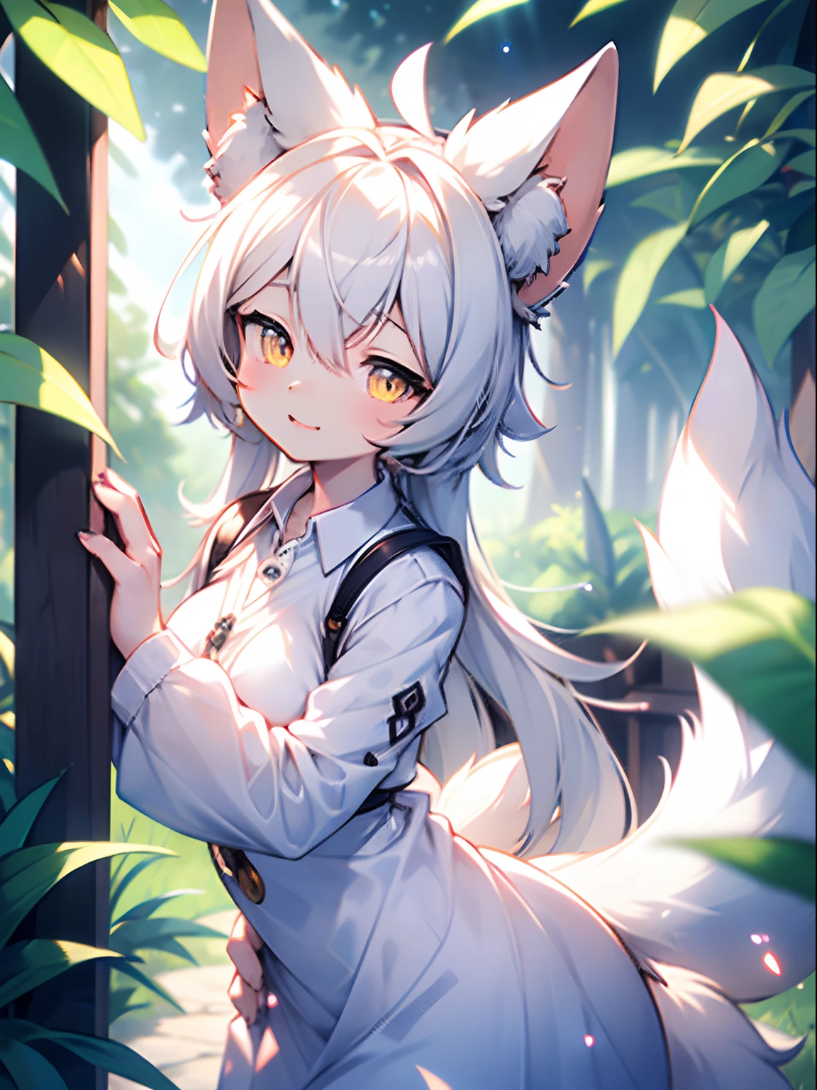 (Best Quality, high resolucion, Ultra-detailed:1.2), Cute fluffy loli, White long shirt, Raising the tail, White and yellow body, Orange Eyes, B Cup Breasts, collared, White fur, fluffy fur, Animal ears, Animal tails, natta, No bottom, No underwear, woods, adorable face, Grab your breasts, eroticism, pussy, vagina