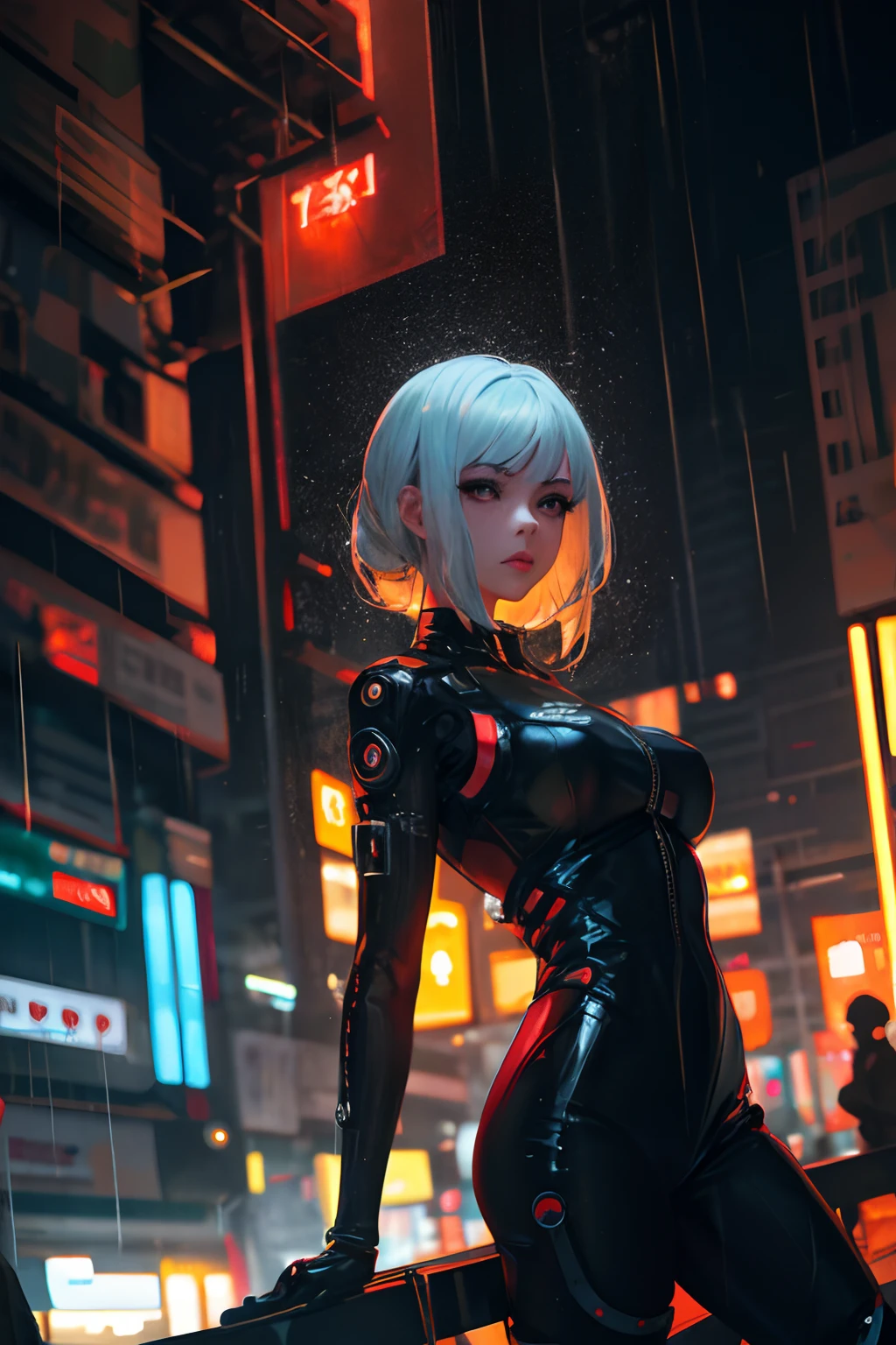 Guweiz style, 1girll, Solo, Futuristic style clothing, full bodyesbian, cyber punk perssonage，Cyberpunk futuristic city，neonlight，Buildings，afofuturism,  rainy evening, The background is blurred out, Depth of field, Bokeh, Cinema lighting, Dark theme, Rained, filmgrain, RTX