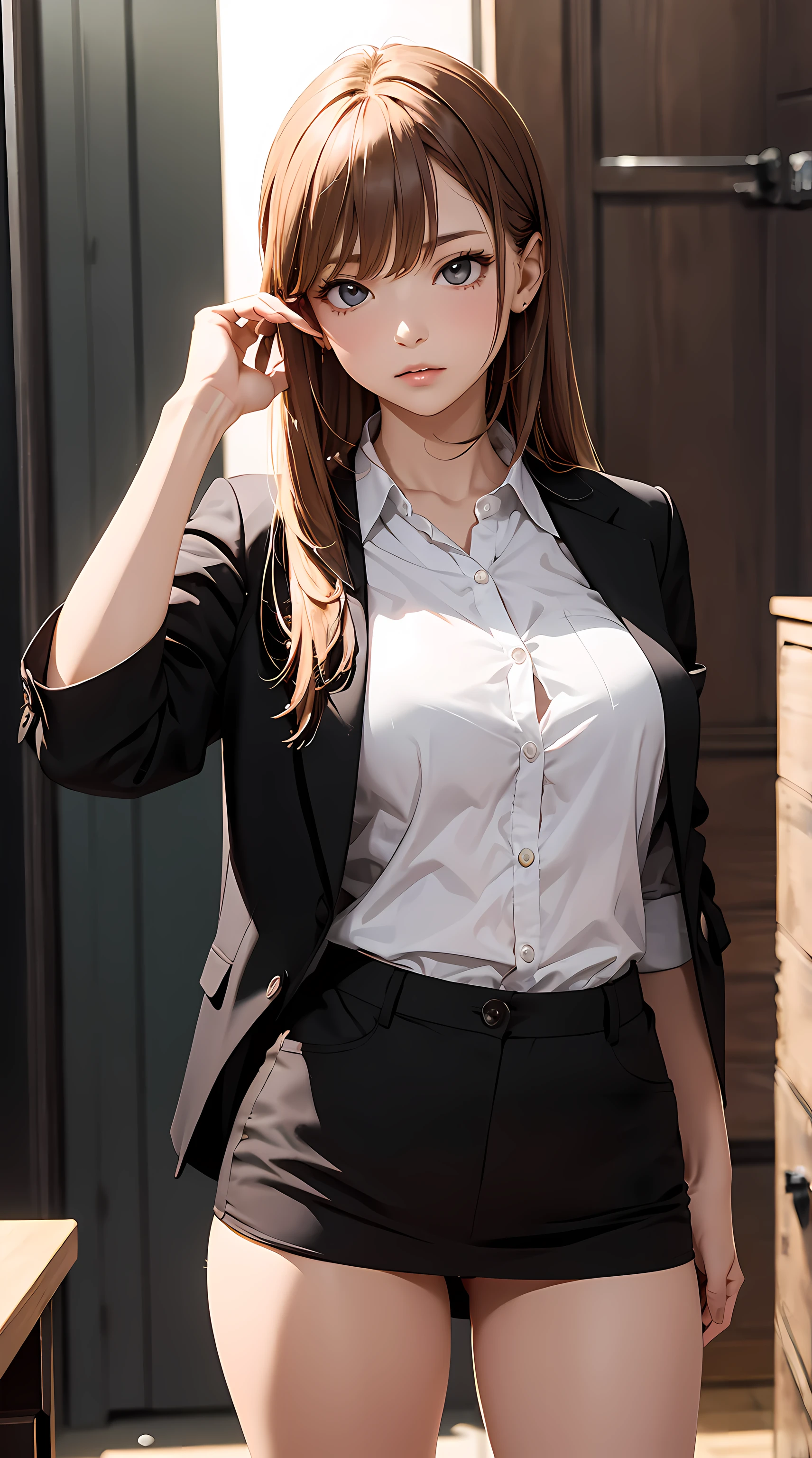 (best quality), (very aesthetic), (ultra-detailed), (best illustration), 1 girl, Solo, GAL, Japanese, long straight hair, light brown hair, (large breasts1.5),  black dress shirt, red jacket, cross one's legs and sit on them