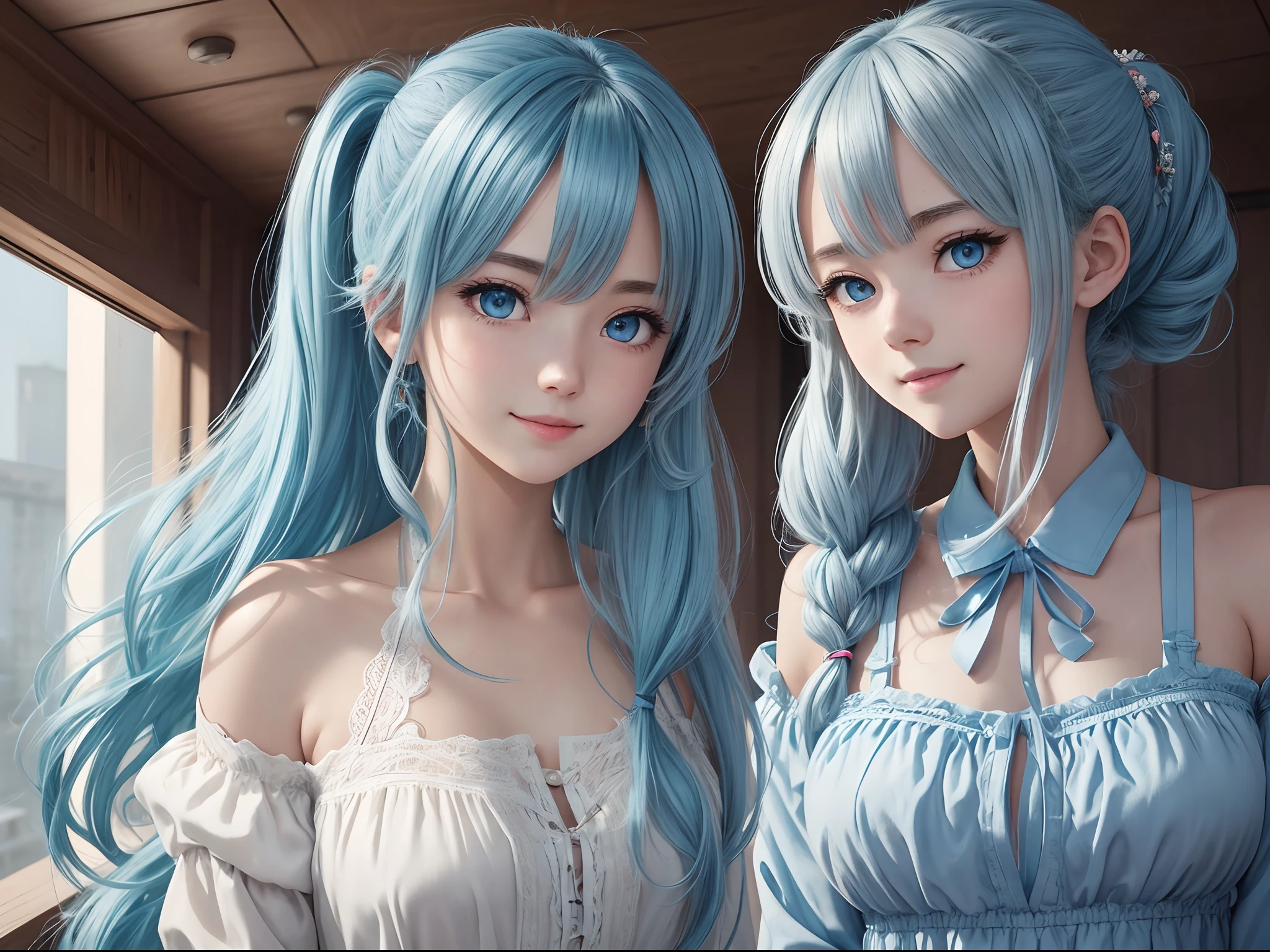 (Masterpiece), (Best quality), (Ultra detailed),(Disheveled hair),(illustration), (1girll), standing, Smiling, Beautiful detailed eyes, Light blue eyes, Detailed beautiful face, (Kamiasto ayaka: 1.2), focus onface,  pony tails, Kamiasto ayaka(Genshin Impact), Light blue hair, detailed hairs, bangs, BEST lighting, Best shadow, Highly detailed, vibrant