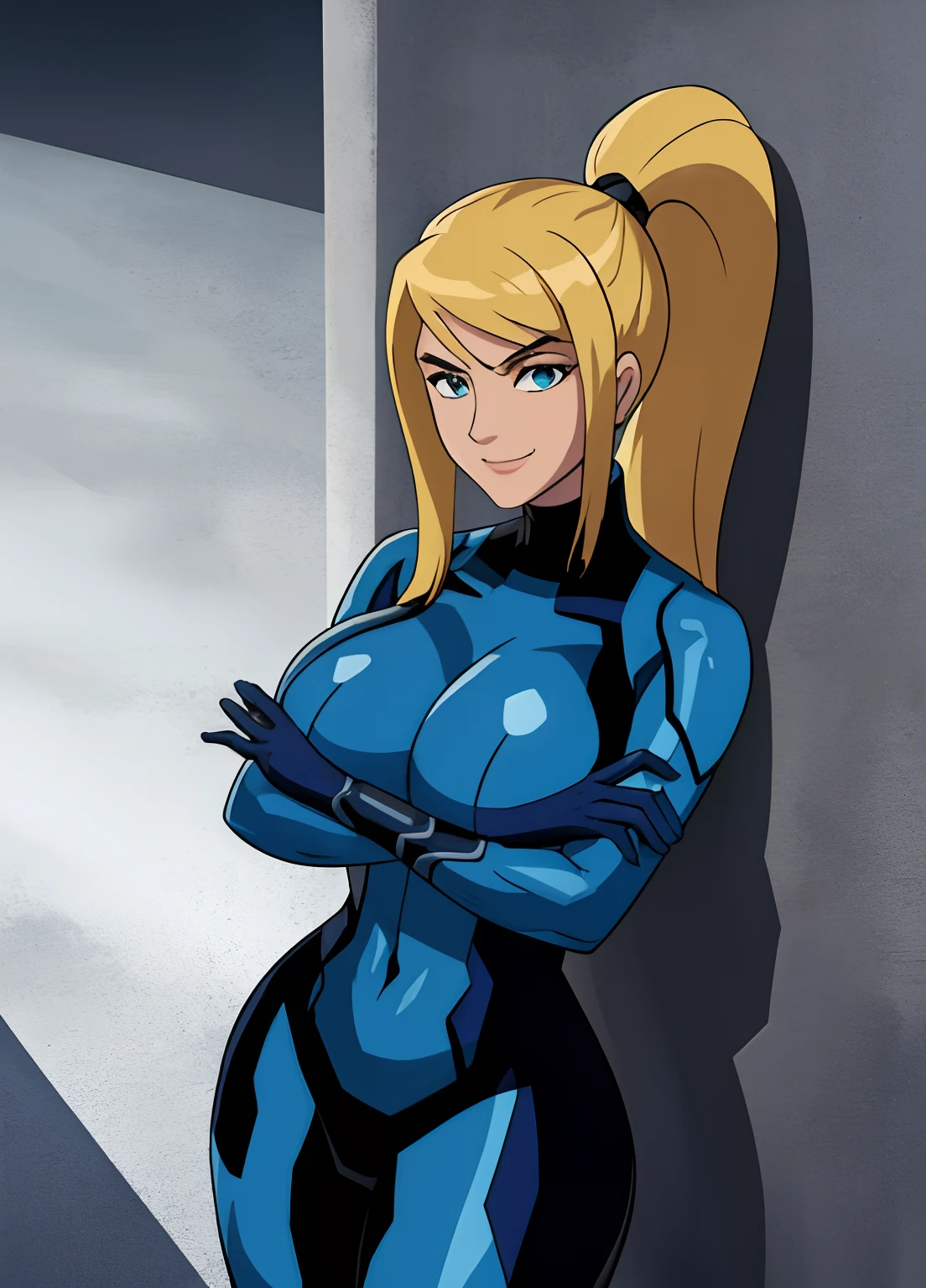 samus aran, ponytail, hair tie, blue gloves, ((blue bodysuit)), high heels (masterpiece, best quality:1.4), (modern days), (cowboy shot), 1girl, solo, pov, stunning girlfriend, (standing:1.1), elegant face, beautiful face, highly detailed face, highly detailed skin, huge breast, smug smile, looking at viewer,16k hdr, curvy, crossed arms, ben10af,wide hips, leaning against wall, 25 year old woman