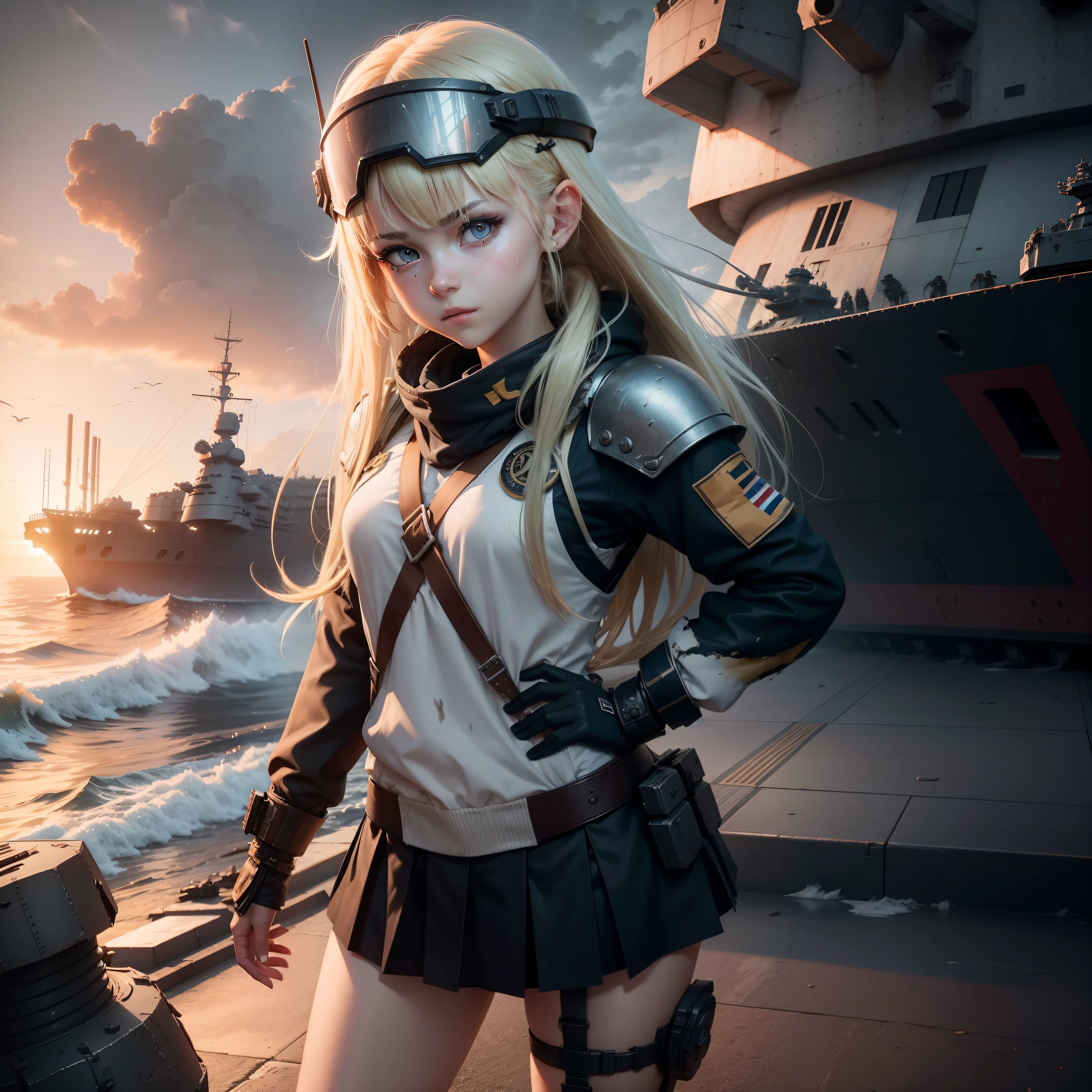 Destroyed aircraft carrier,ukrainian girl , Ukrainian anime girls , , Ukraine ,  Full body composition of young girl with messy bright blonde hair, eye make up, ,  Soft lighting, Solo,, badges, Pose, Blotch color, Octane Render, Hyperrealistic intricate detail, Cinematic, 8K resolution, 70mm, Accent Lighting, Global Illumination, Full body portrait, clean detailed faces, poneyTail,Cute face,, Slim legs,Combat Armor,long court,full face helmet,Battleship Deck,Destroyed battleship