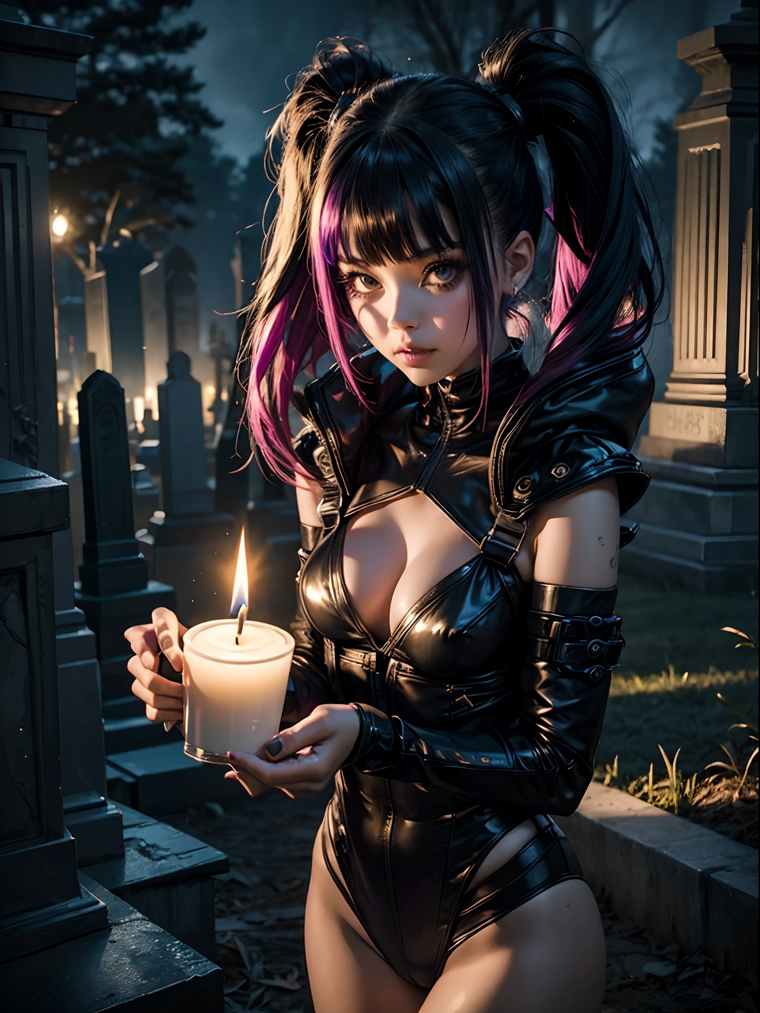 cyber goth girl has sex with another girl in a cemetery, just candlelight in the darkness