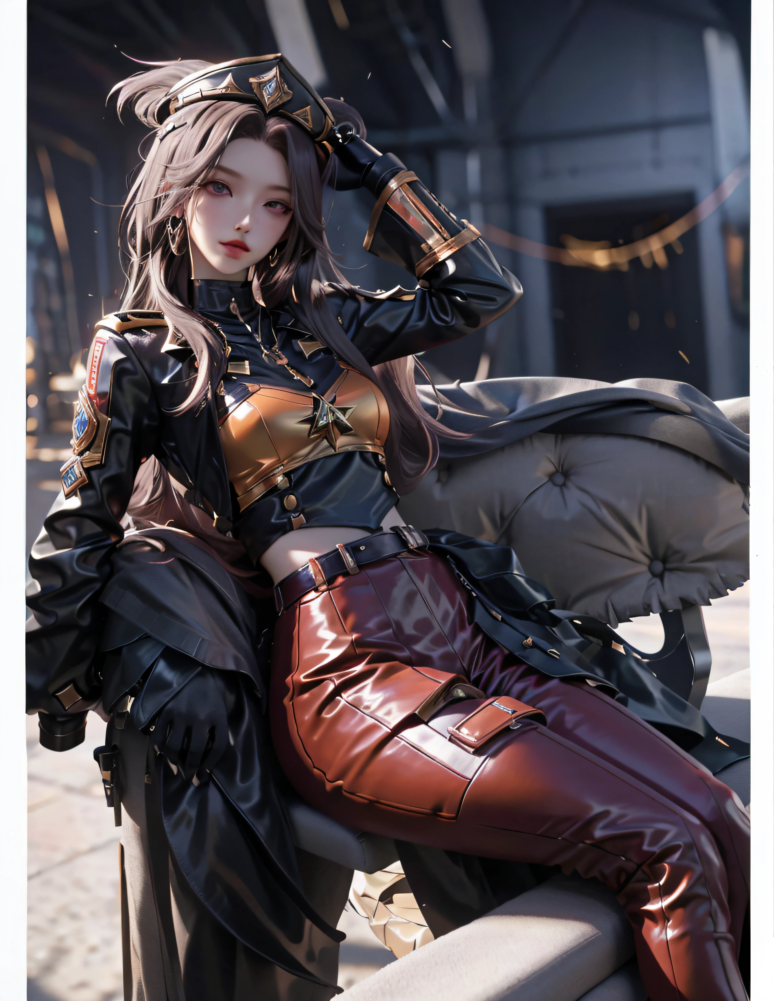 Ultra HD, 8K quality, A girl, Very long hair, Detailed eyes, Frontal capture, Unreal Engine 5,Wearing a military cap,Military uniform temptation,Dark tones,Orange accents,Reclining on the sofa
