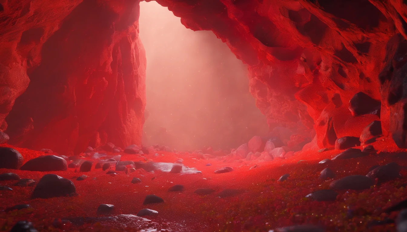 Showcase a scene of mine cave full of red stones, featuring cave with red stones, and the potential for interstellar cave full of red stones. 8k